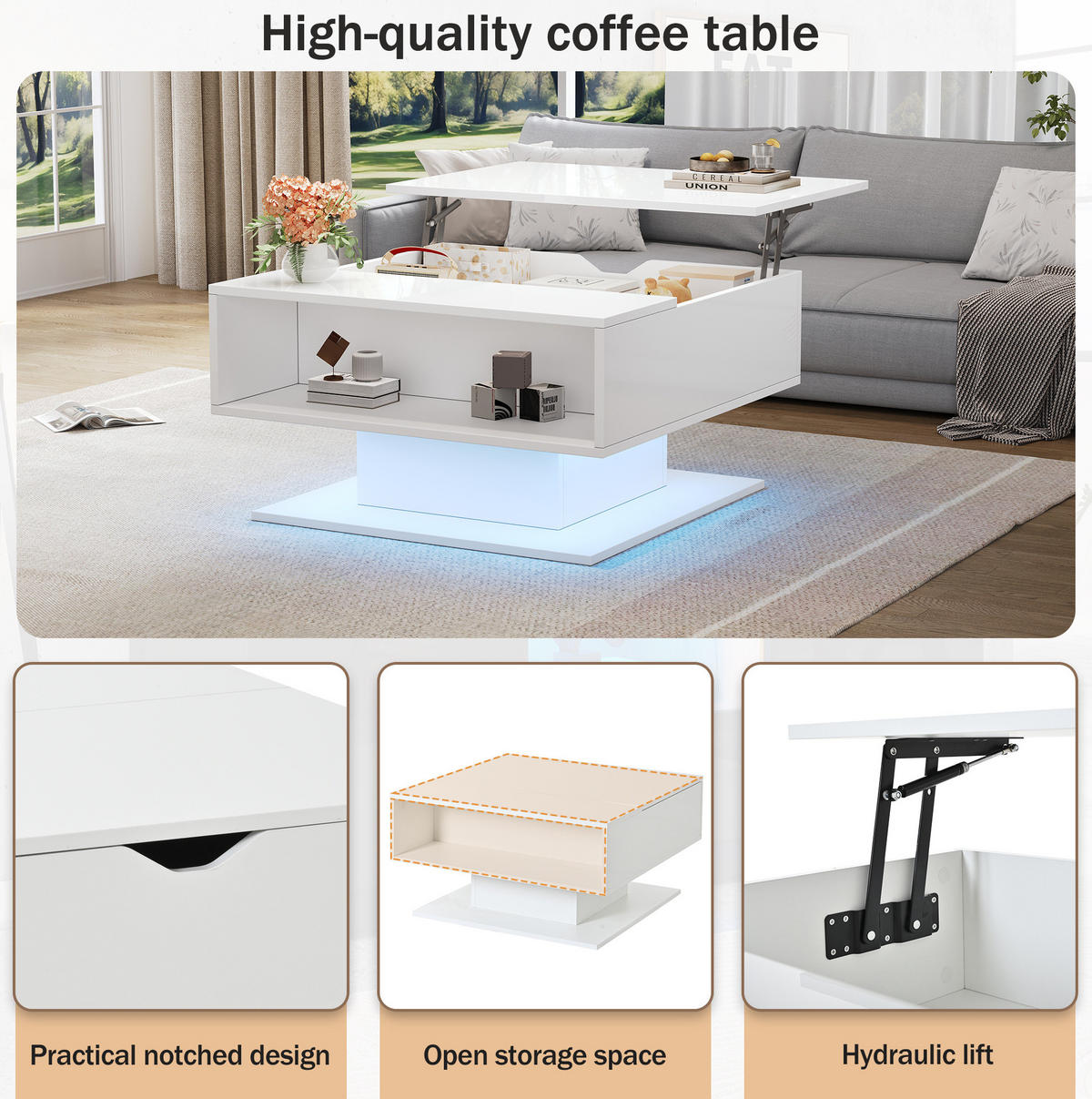 COUCHTISCH 80/75/40 cm Weiß aus Spanplatte mit Liftfunktion, LED-Lichtstreifen und Stauraum - Weiß, Holzwerkstoff (80/75/40cm) - OKMYHOME
