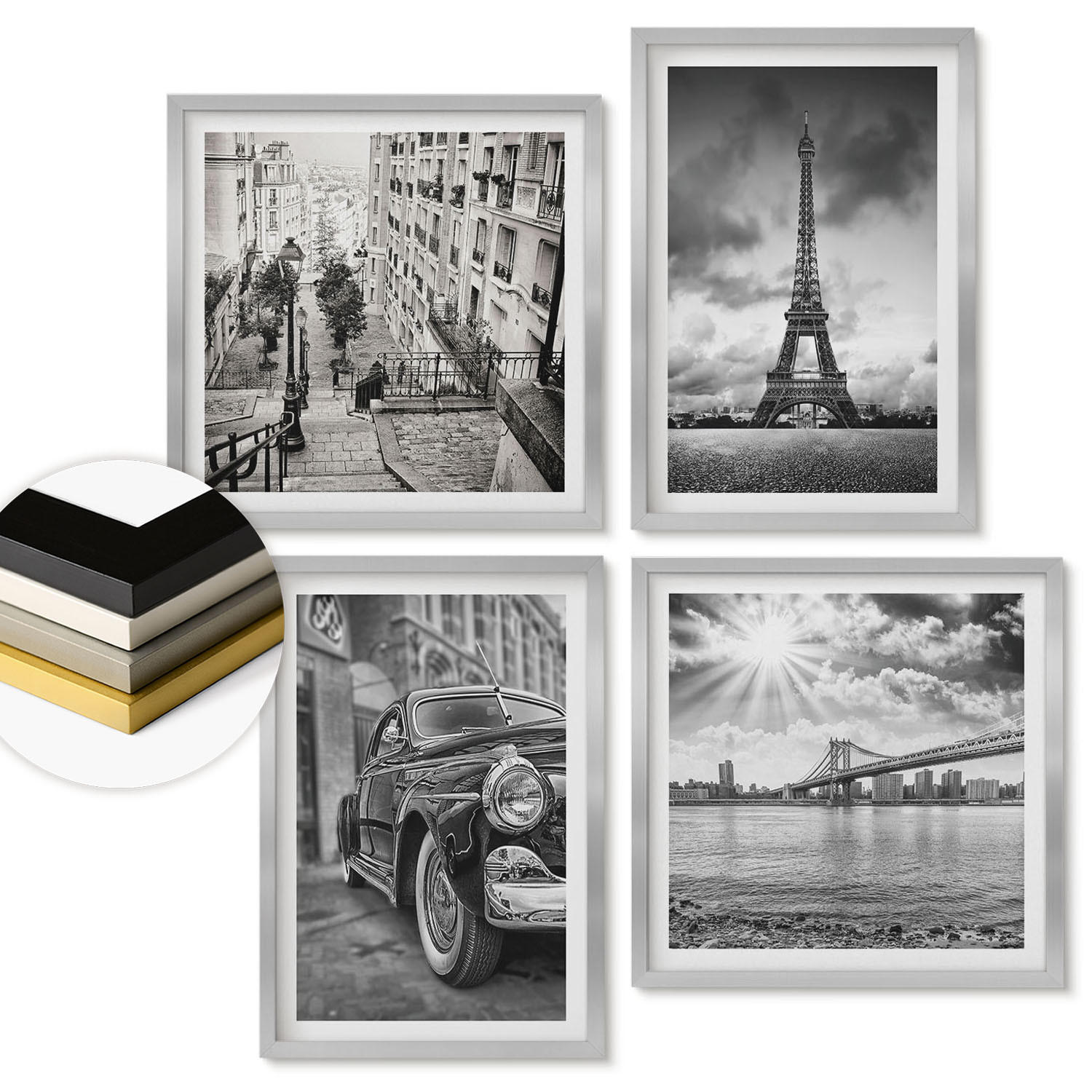 WANDBILDER 4er Set - 50x50 cm & 40x60 cm Silberner Rahmen - Stadtansichten, Brücken, Eiffelturm, Auto - Silberfarben, Kunststoff (50/50cm) - ArtPrintCave