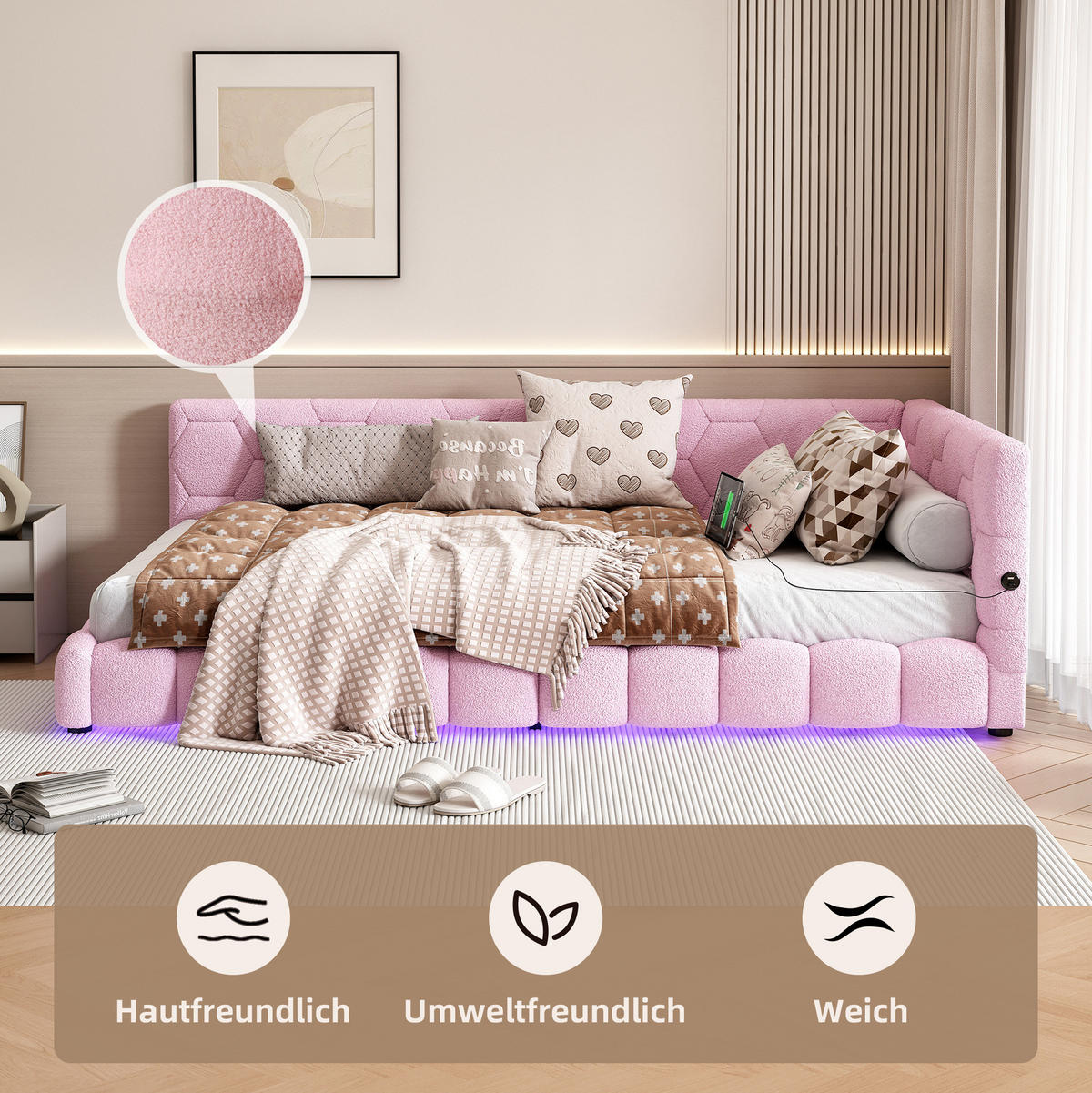 BETT 90/200 cm Rosa aus Vliesimitat und MDF mit LED-Beleuchtung - Rosa, Textil (90/200cm) - OKMYHOME