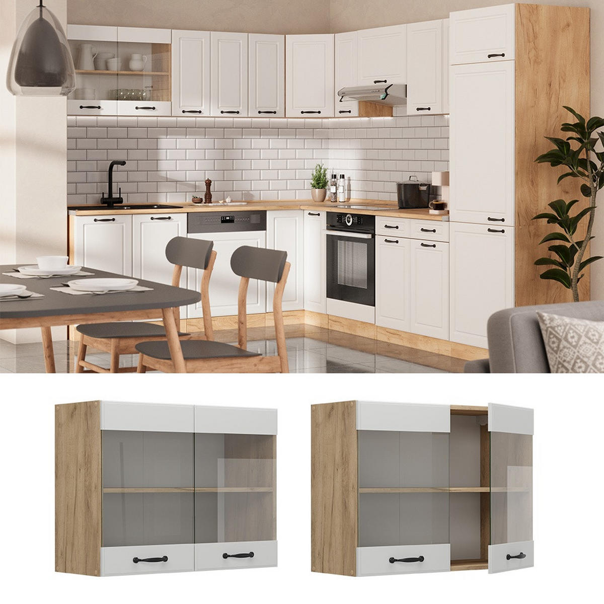 DULAP DIN STICLĂ DE BUCĂTĂRIE R-Line Casă de țară albă 80 cm - stejar miere/alb, compozit lemnos (80/60/31cm) - Vicco
