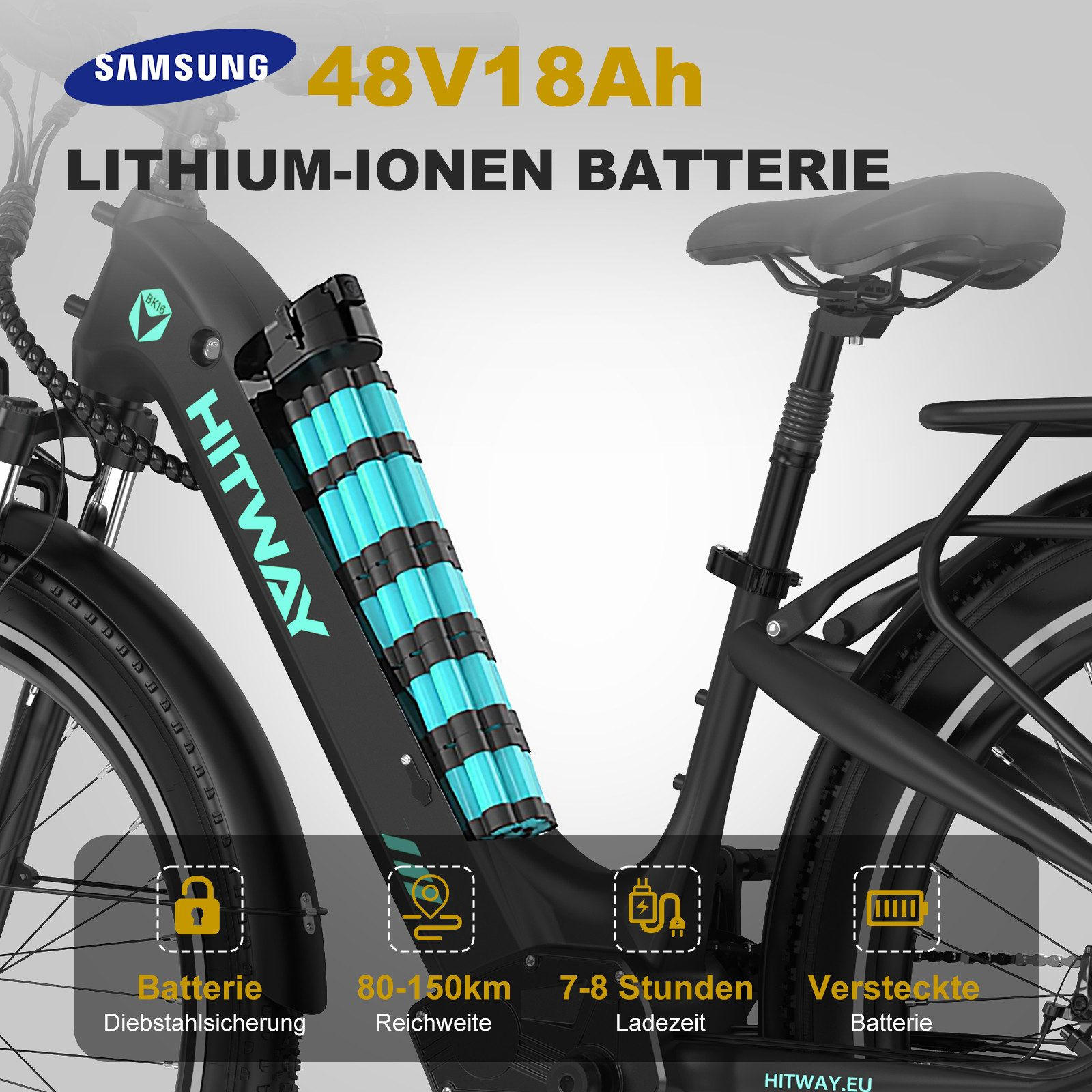 E-BIKE Cityrad BK16 Pedelec 26 *3,0 Zoll, mit 48V18Ah Akku bis zu 120km - Schwarz, Metall (27cm) - HITWAY