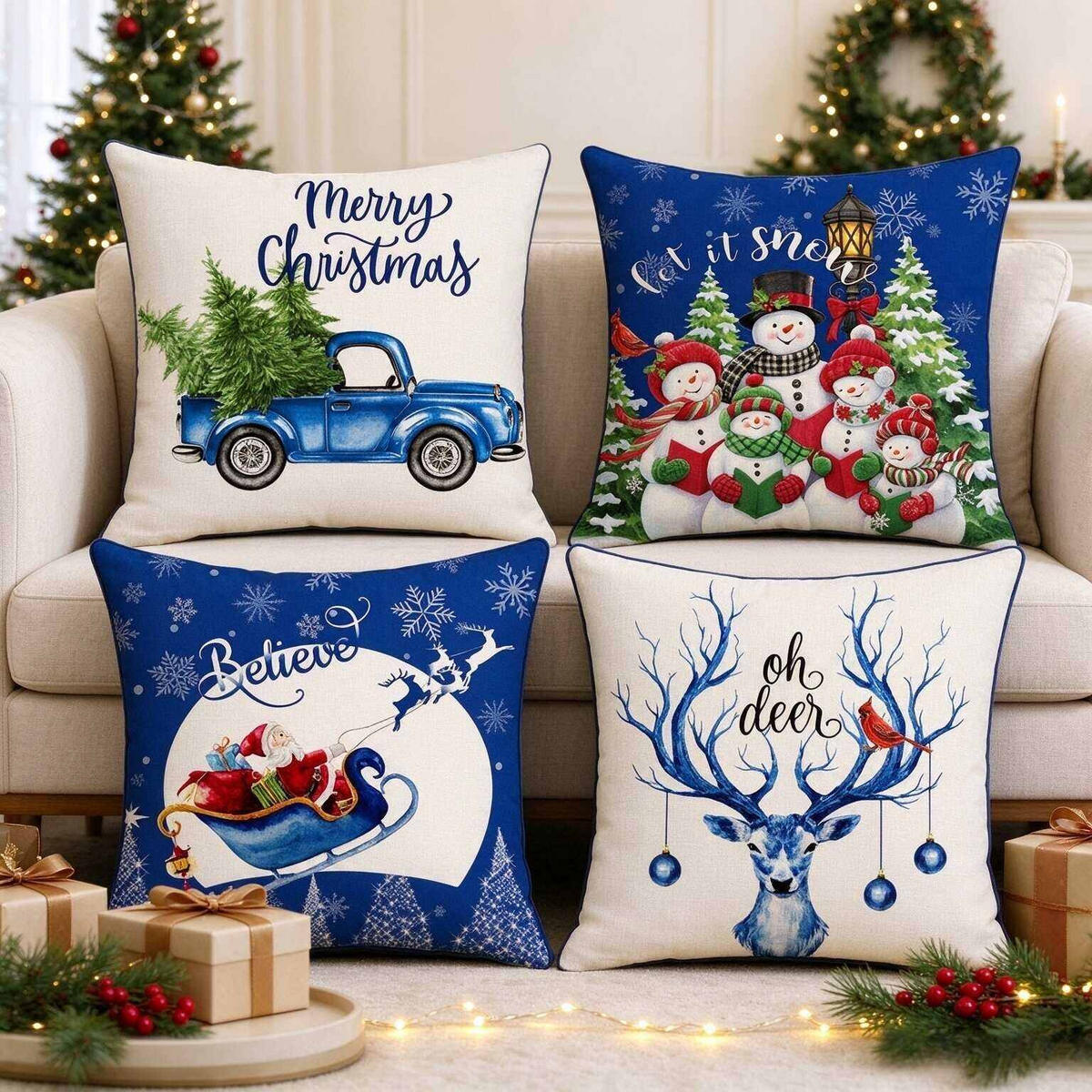 KISSENBEZUG – Weihnachtskissenbezug (Kissenfüllung nicht enthalten) – 45 x 45 cm – Multicolor(vier Stück) - Multicolor, Textil (45/45cm)