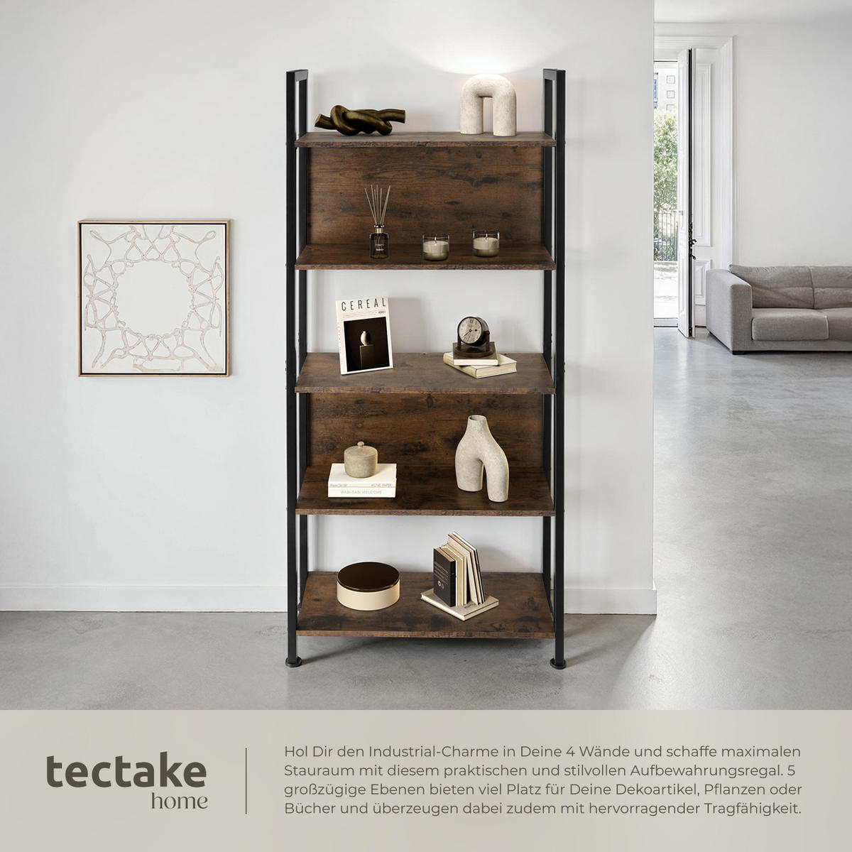 REGAL Westport,inklusive Kippschutz, 62 x 24 x 165,5 cm,Industrial Holz dunkel, rustikal - Rostfarben, Holzwerkstoff (24/165.5/62cm) - tectake