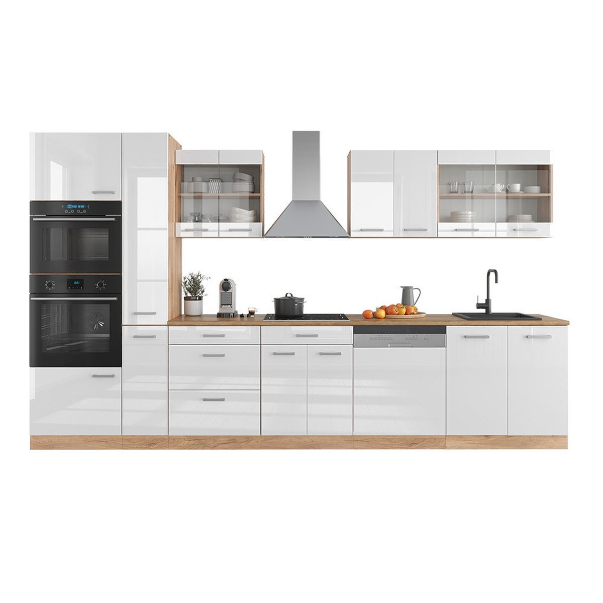 KUCHYŇSKÝ KOUT R-Line Bílý vysoký lesk/zlatý dub power 350 cm s vysokou skříní, PD Dub - medově dubová/vysoce lesklá bílá, kompozitní dřevo (350/206.8/60cm) - Vicco