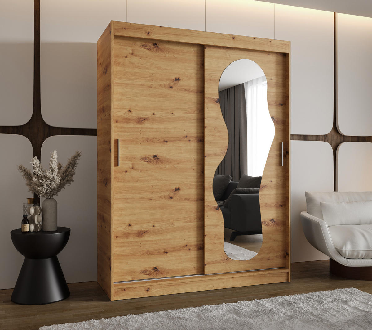 SCHWEBETÜRENSCHRANK 200/150/62 2-türig - Silberfarben/Eiche Artisan, Holz (150/200/62cm) - MÖBEL KRYSPOL
