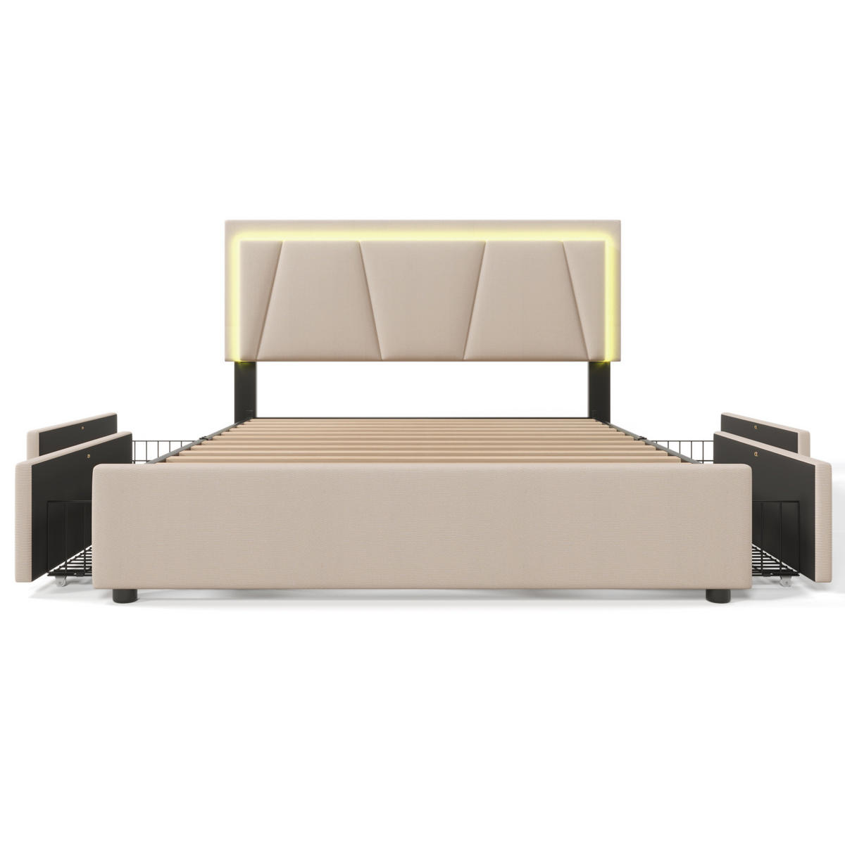 POLSTERBETT aus Leinen 160x200 cm in Beige mit LED-Beleuchtung & 4 Schubladen - Beige, Textil (160/200cm) - Modfu