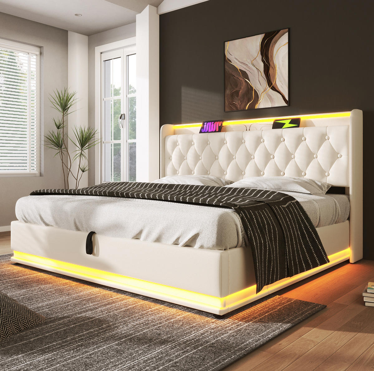 POLSTERBETT mit LED, Stauraum & Matratze 140x200 cm PU Weiß - Weiß, Metall (140/200cm) - Meubliv