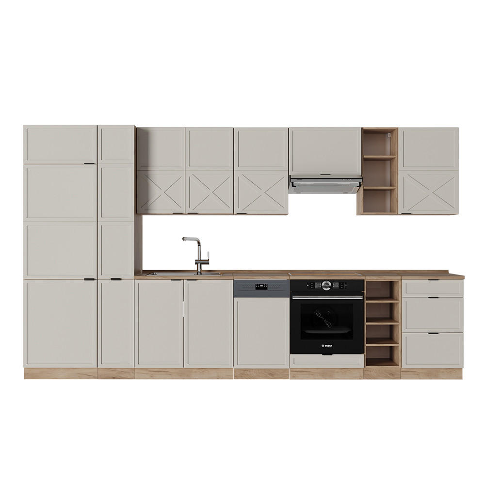 KÜCHENZEILE Fame-Line GrauBeige/Goldkraft Eiche 355 cm, AP Eiche - Honigeiche/Grau, Holzwerkstoff (355/81.6/60cm) - Vicco
