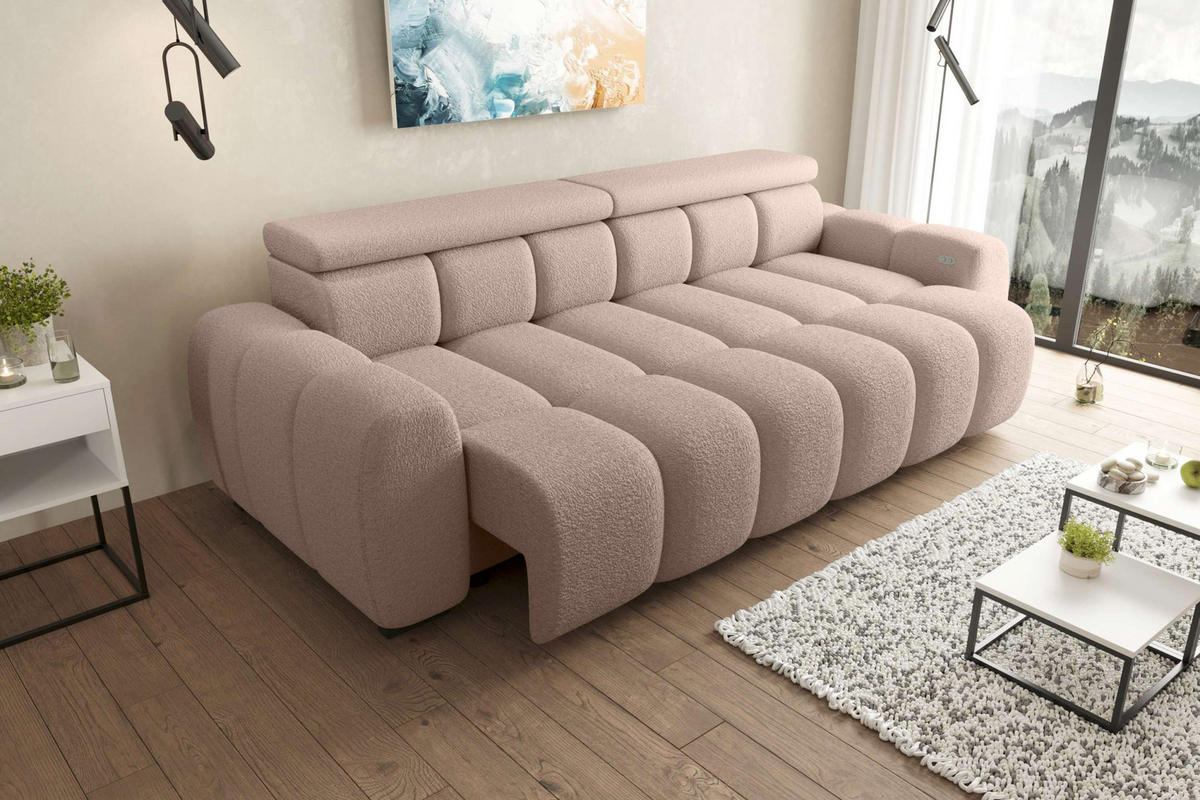 BIGSOFA ALESSIO Bouclé-Stoff Rosa mit elektrischer Sitztiefenverstellung - Rosa, Kunststoff/Textil (248/77/108cm) - 99rooms