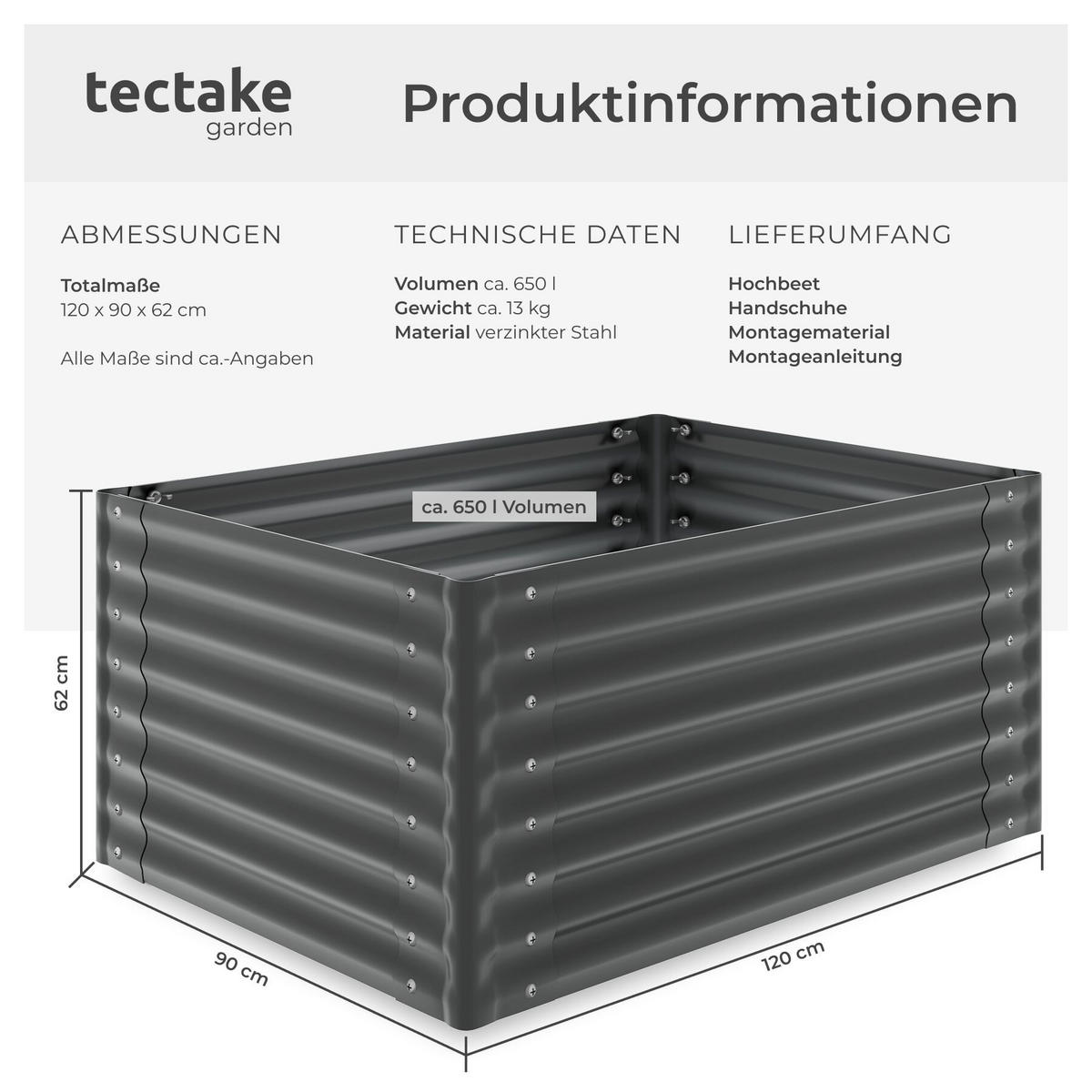HOCHBEET Salvia verzinkt, 120 x 90 x 62 cm, 650 l, grau - Grau, Metall (90/62/120cm) - tectake