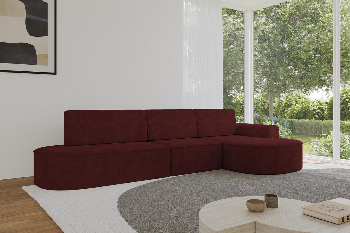 ECKSOFA mit Schlaffunktion Ottomane RECHTS MARI L2-S 368X167X85 Bordeauxrot Velours - Bordeaux/Schwarz, Holzwerkstoff/Kunststoff (167/368cm) - ALTDECOR