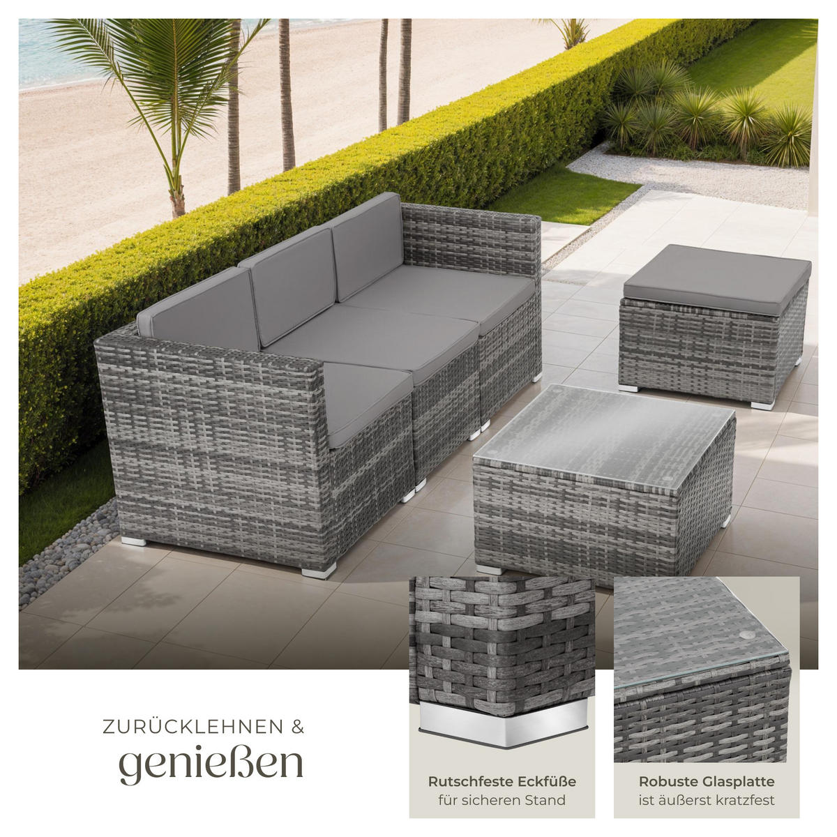 RATTANLOUNGE Lignano,variabel aufstellbar,grau - Grau, Kunststoff - tectake