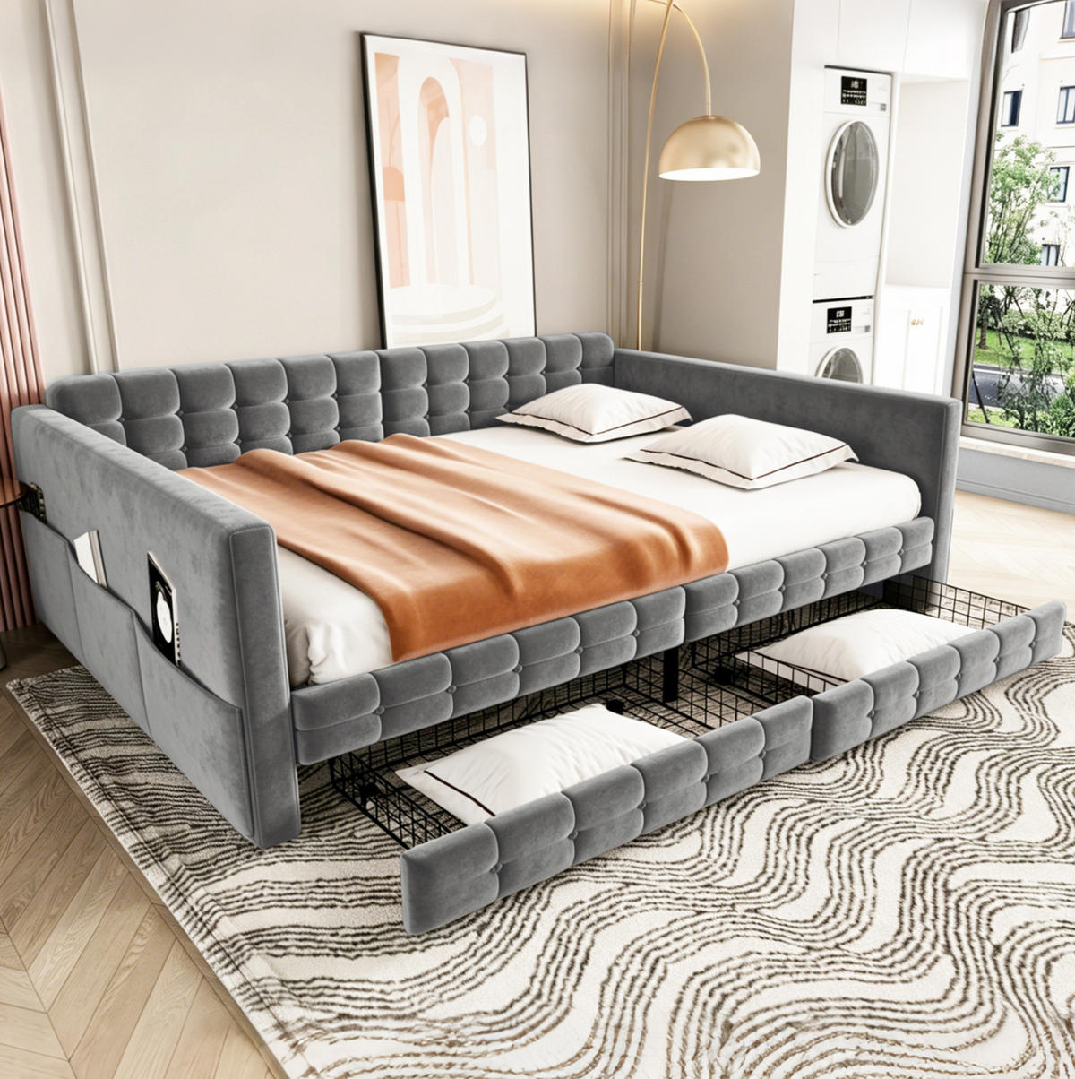 POLSTERBETT 140/190 cm aus Samt mit Stauraum, Grau - Grau, Textil (140/190cm) - OKMYHOME