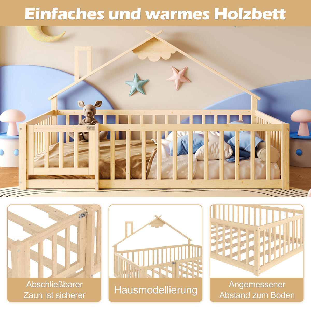 KINDERBETT 140/190 cm in Natur Kiefer mit Geländer - Naturfarben, Holz/Holzwerkstoff (140/190cm) - WISHDOR