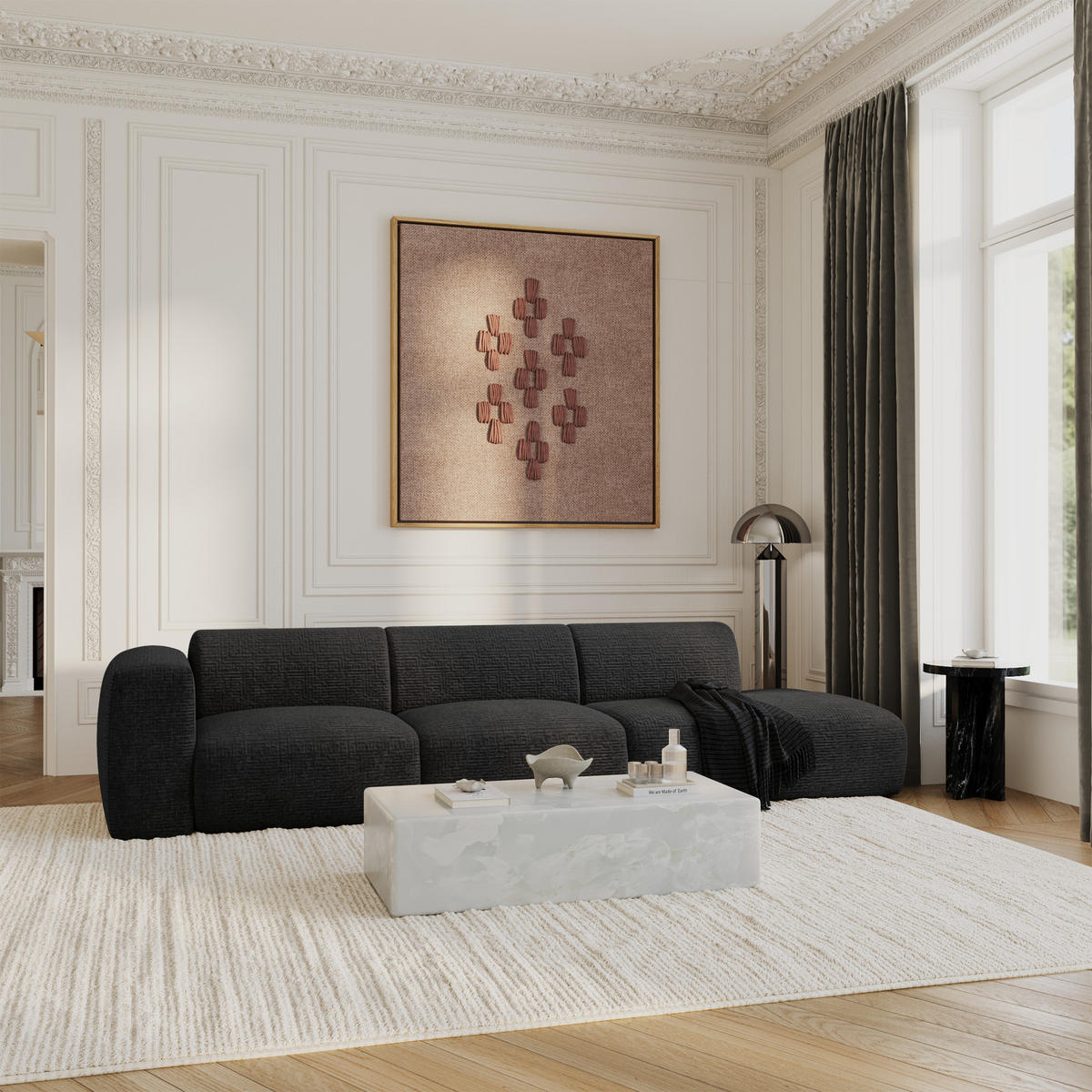 SOFA 5-Sitzer Gemusterter Samt Dunkles Anthrazit 310cm - Anthrazit, Textil (310/73/96cm) - Sia Home
