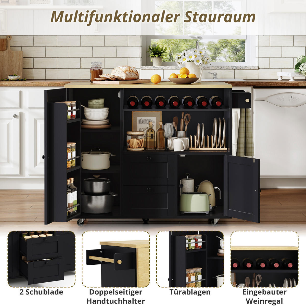 KÜCHENINSEL 104/45/89 cm Natur + Schwarz mit klappbarer Arbeitsplatte, 2 Schubladen und integriertem Weinregal - Schwarz, Holz/Holzwerkstoff (69/89/104cm) - Oxeza