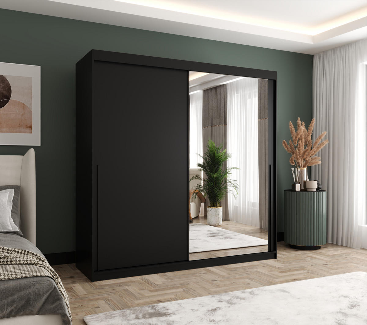 SCHIEBETÜRENSCHRANK mit Spiegel 200 cm Breite, schwarz, mit schwarzem Griff - Schwarz, Holzwerkstoff (250/200/62cm) - Home Collective