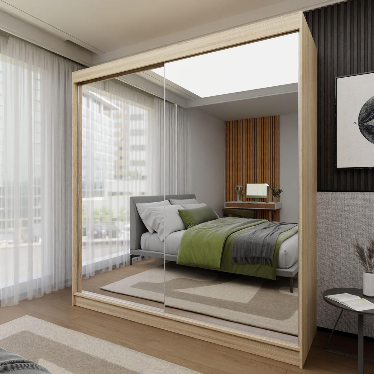 SCHWEBETÜRENSCHRANK BELLINA 200/216/61 cm 2-türig mit Spiegel Sonoma Eiche - Sonoma Eiche, Holzwerkstoff (200/216/61cm) - MASSENO