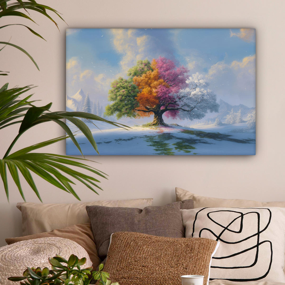 LEINWANDBILD Baum - Jahreszeiten - Winter - Landschaft Gemälde 60x40 cm - Multicolor, Textil (60/40cm) - MuchoWow