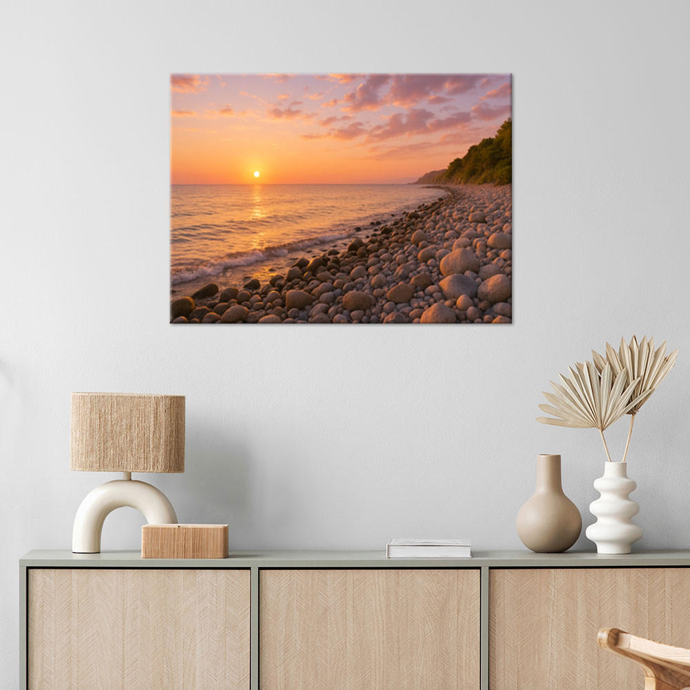 LEINWANDBILD Sonnenuntergang Strand Meeressteine 60x40cm - Orange, Textil (60/40cm) - Feeby