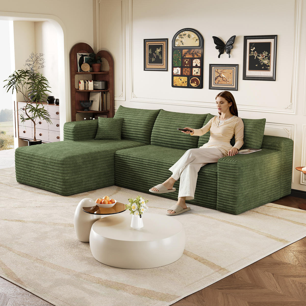 ECKSOFA Cord Grün ohne Montage - Grün, Textil (241/151cm) - WISHDOR