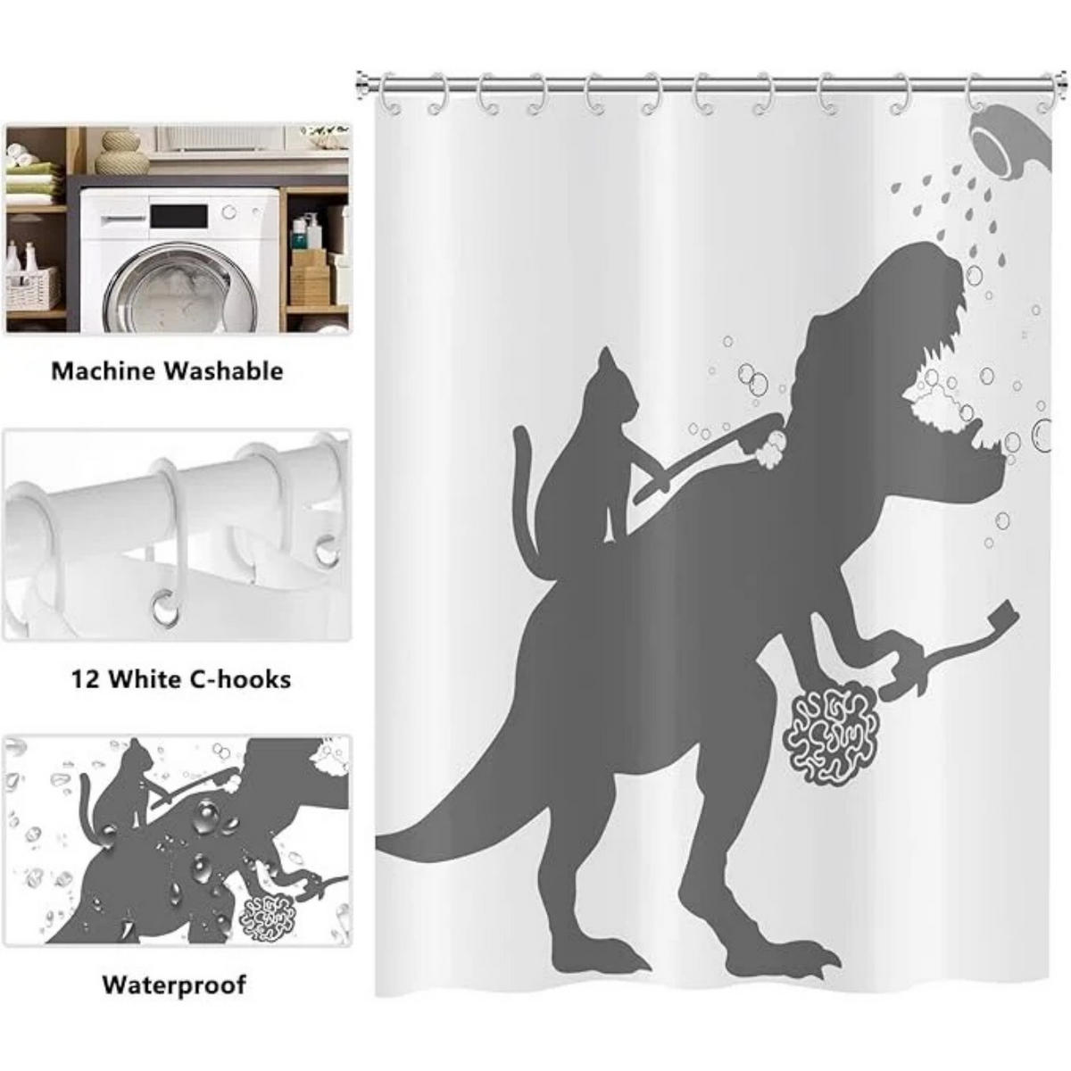 DUSCHVORHANG Weiß Katze Dinosaurier niedlich waschbar Stoff mit Haken - Weiß, Textil (180/180cm) - MCBOSON