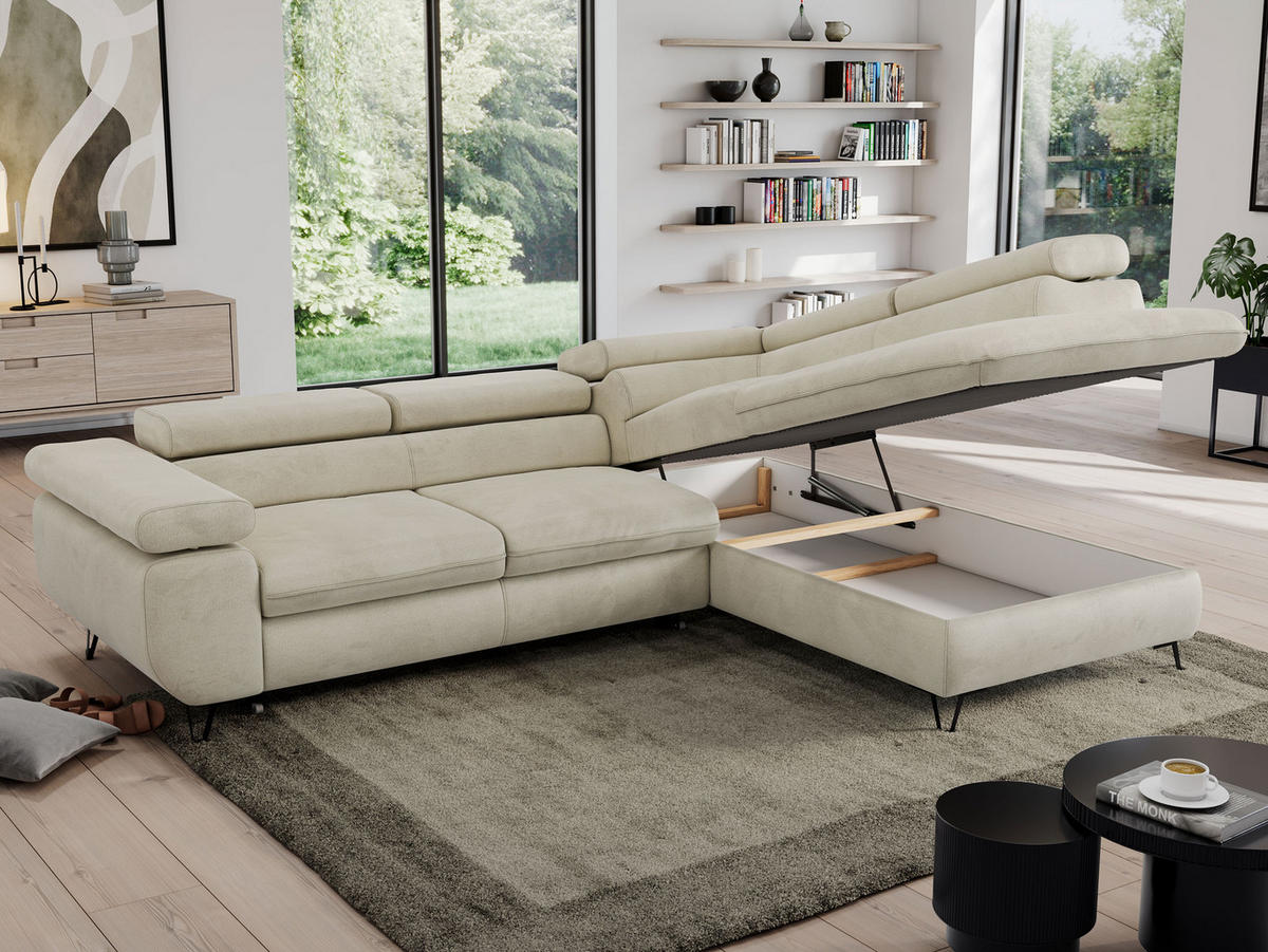 ECKSOFA PEDRO L Beige Velvet - Rechts Seite - Beige/Schwarz, Textil/Metall (273/208cm) - MKS