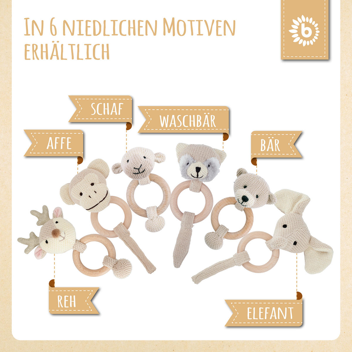 GREIFLING Holz Natur Gehäkelt Rassel Bär - Beige, Textil (8/14cm) - Bieco Spielwaren
