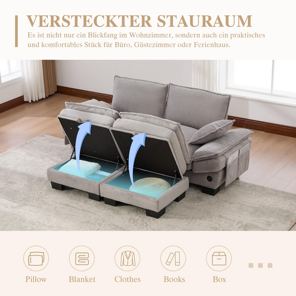 2-SITZER SOFA Cord Hellgrau mit Hocker und USB-C - Hellgrau, Holzwerkstoff/Kunststoff (190/84/132cm) - WISHDOR
