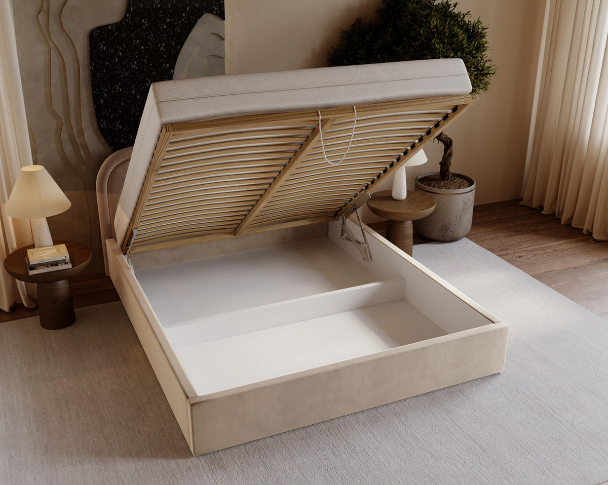 POLSTERBETT 140x200 Dune mit Bettkasten, runde Kopfteil, Samt, Beige - Beige, Holz/Textil (140/200cm) - Emporius