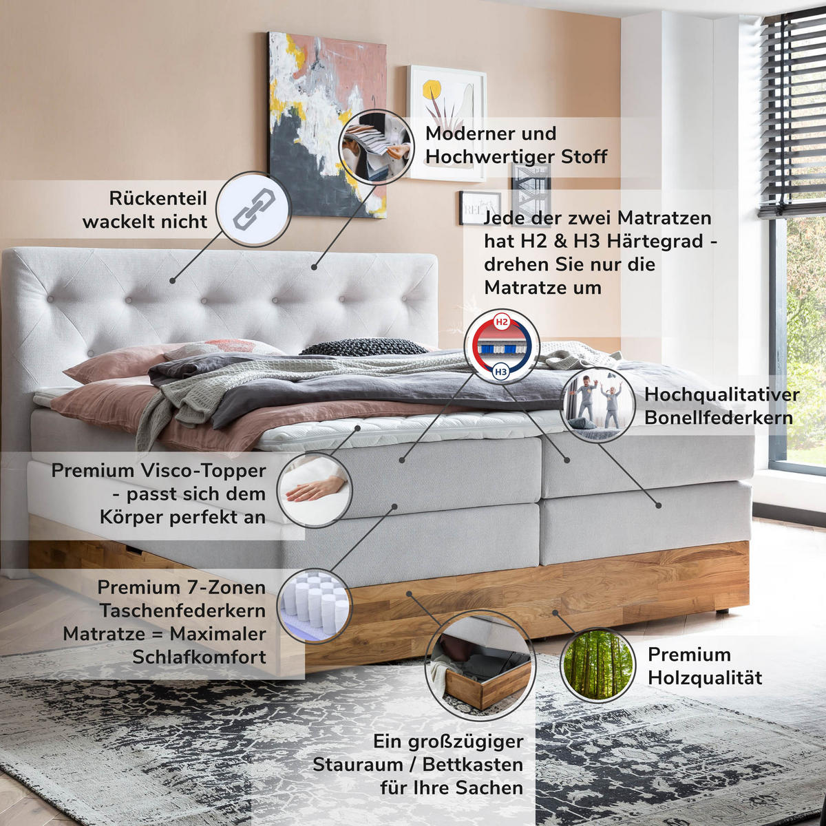BOXSPRINGBETT MARBO 160x200 Weissgrau H2 und H3 mit Bettkasten 7-Zonen Taschenfederkern Matratze inkl. Visco Topper und Eiche - Weiß, Textil (160/200cm) - Belanoti
