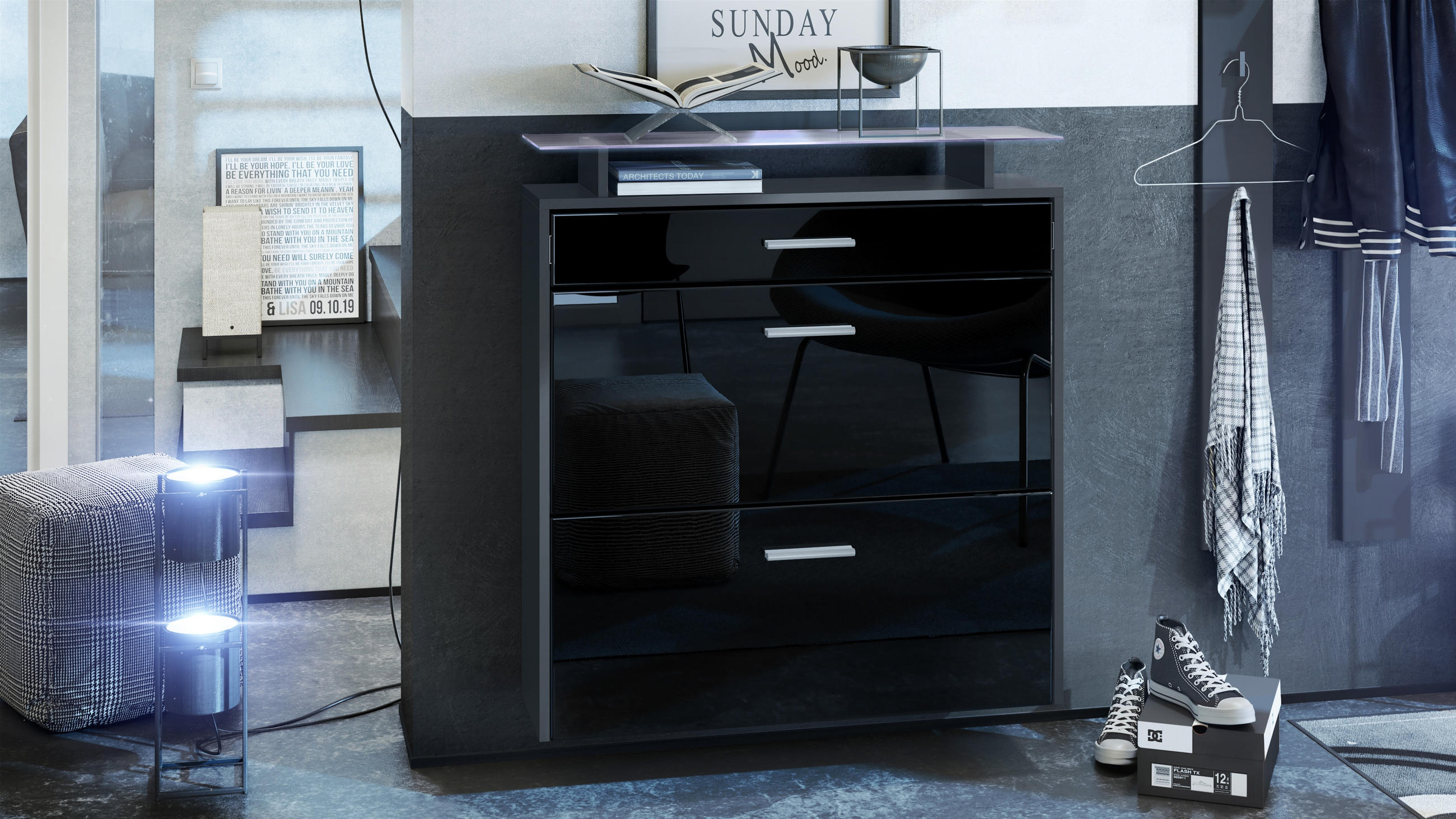 SCHUHSCHRANK Malea Fronten in Schwarz Hochglanz - Schwarz Hochglanz, Holzwerkstoff (89/96/23cm) - Vladon