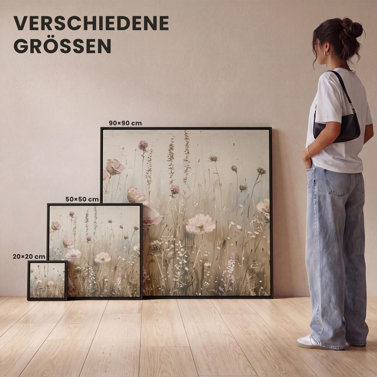 LEINWAND Bilder mit Rahmen - Blumen - Rosa - Modern - Beige - 20x20 - Beige, Textil (20/20cm) - MuchoWow