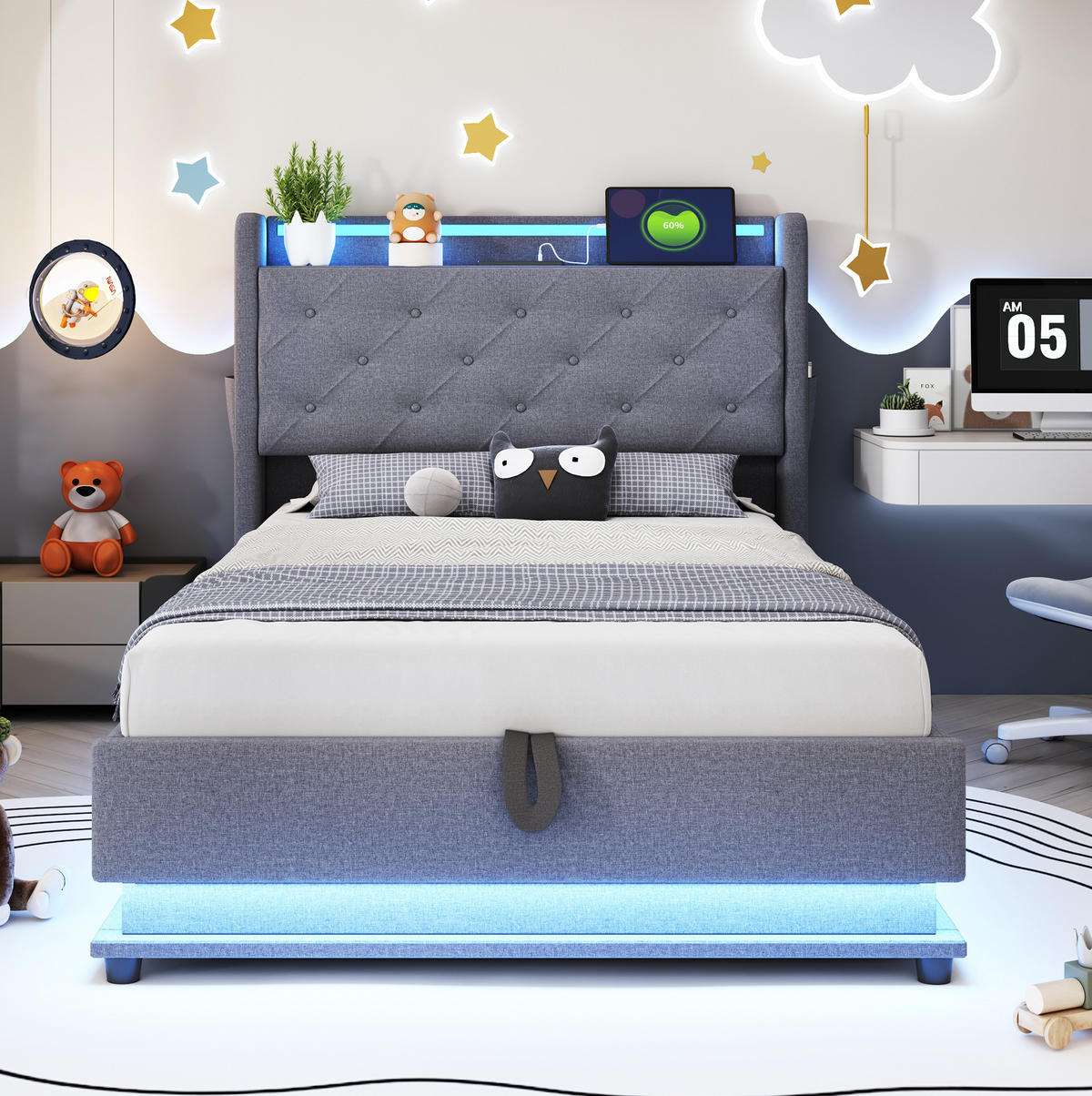 KINDERBETT 90/200 cm mit LED-Beleuchtung, USB, aufklappbarem Kopfteil und hydraulischem Stauraum, Leinenstoff, Grau - Grau, Textil (90/200cm) - Redom