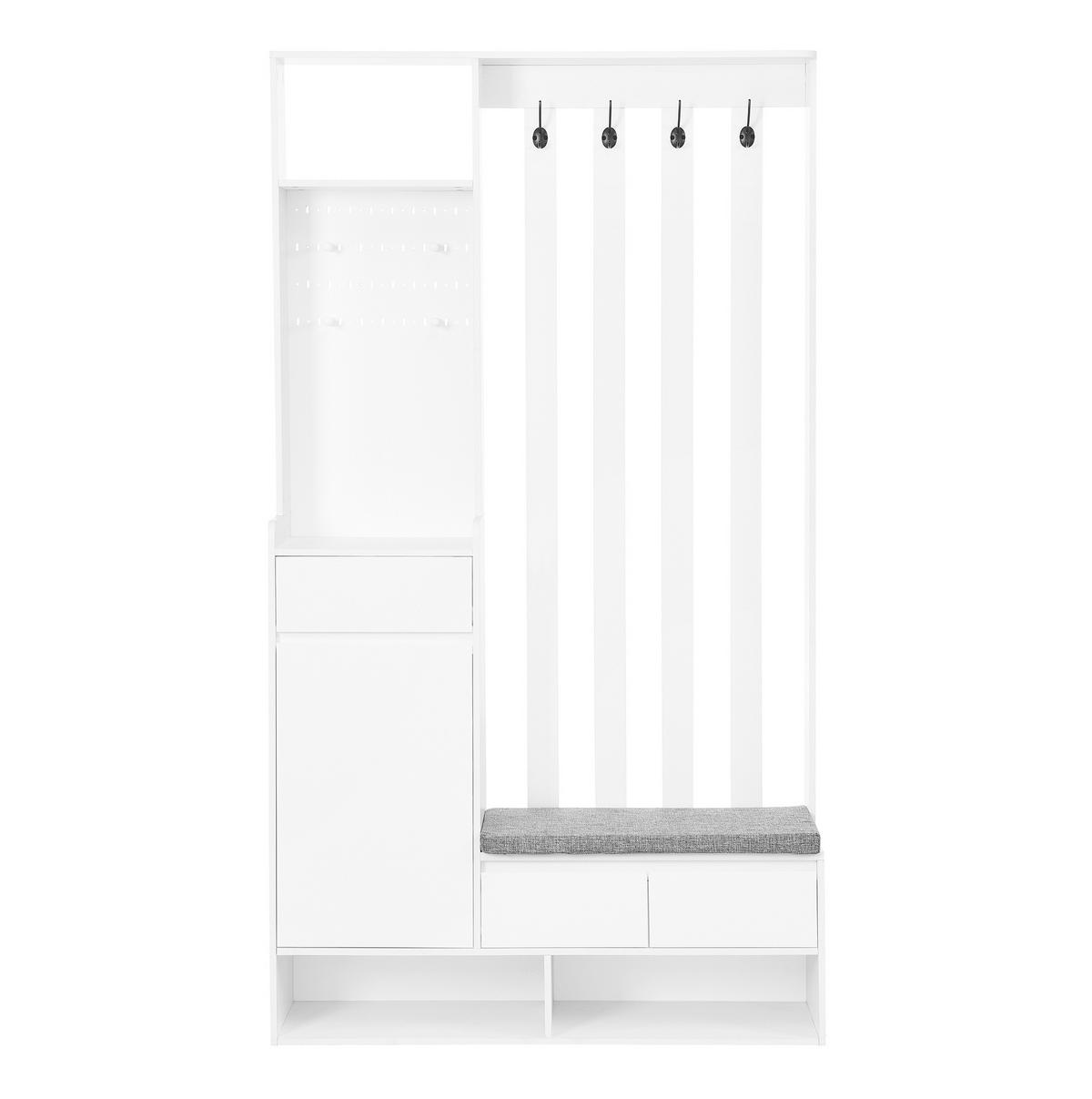 FLURGARDEROBE 35/100/180 cm mit Sitzbank, Stecktafel, Schublade und 4 Haken, Weiß - Weiß, Holzwerkstoff (100/180/35cm) - Redom