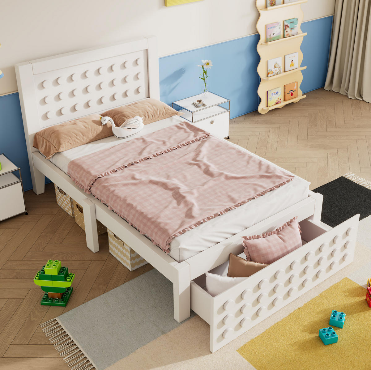 KINDERBETT 90/200 cm mit Schublade und Stauraum, Lattenrost und kreativem Blockdesign, Weiß - Weiß, Holz (90/200cm) - Redom