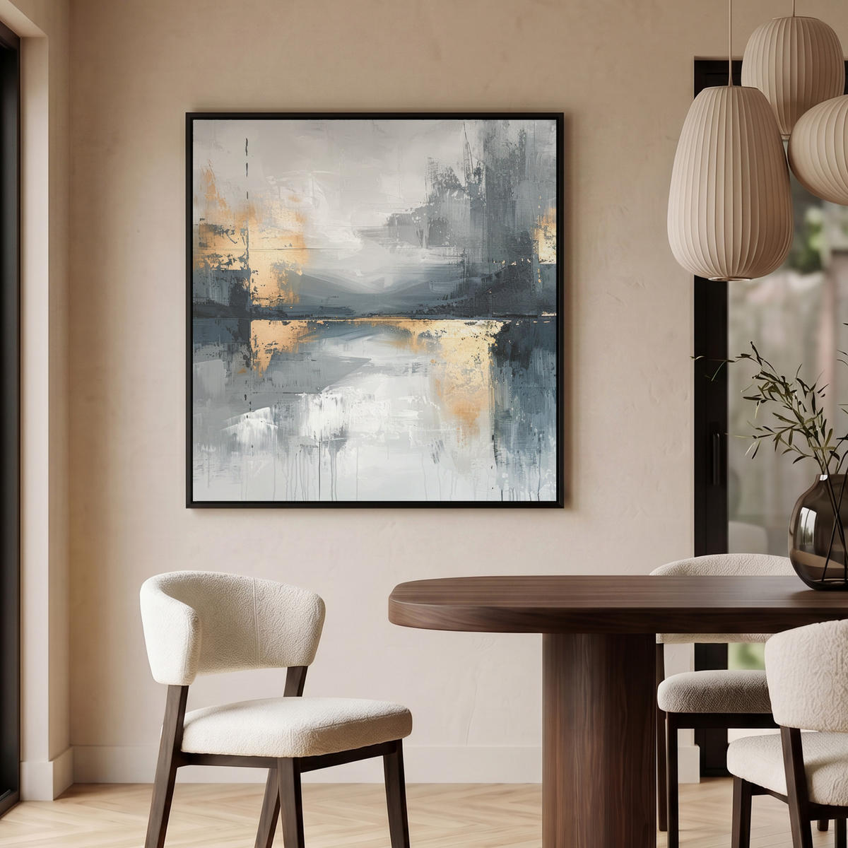 LEINWAND Bilder mit Rahmen - Kunst - Grau - Gold - Abstrakt - 90x90 - Dunkelgrau, Textil (90/90cm) - MuchoWow