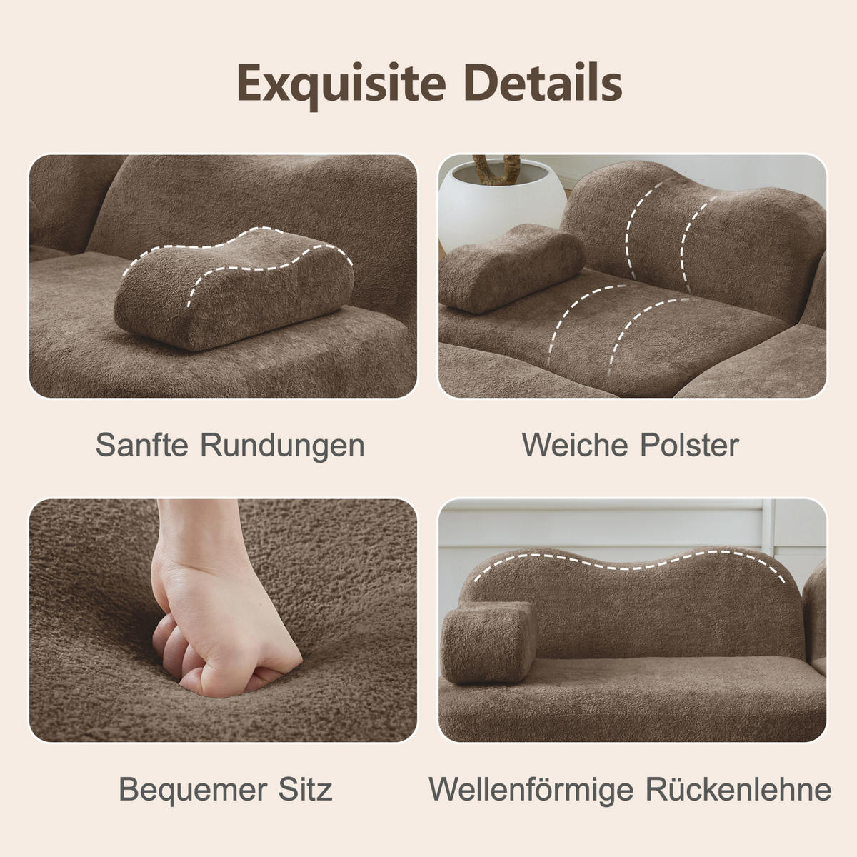 ECKSOFA mit Ottomane, beweglichem Armlehnenkissen und Wellenform, Braun - Braun, Textil (192/167cm) - Redom
