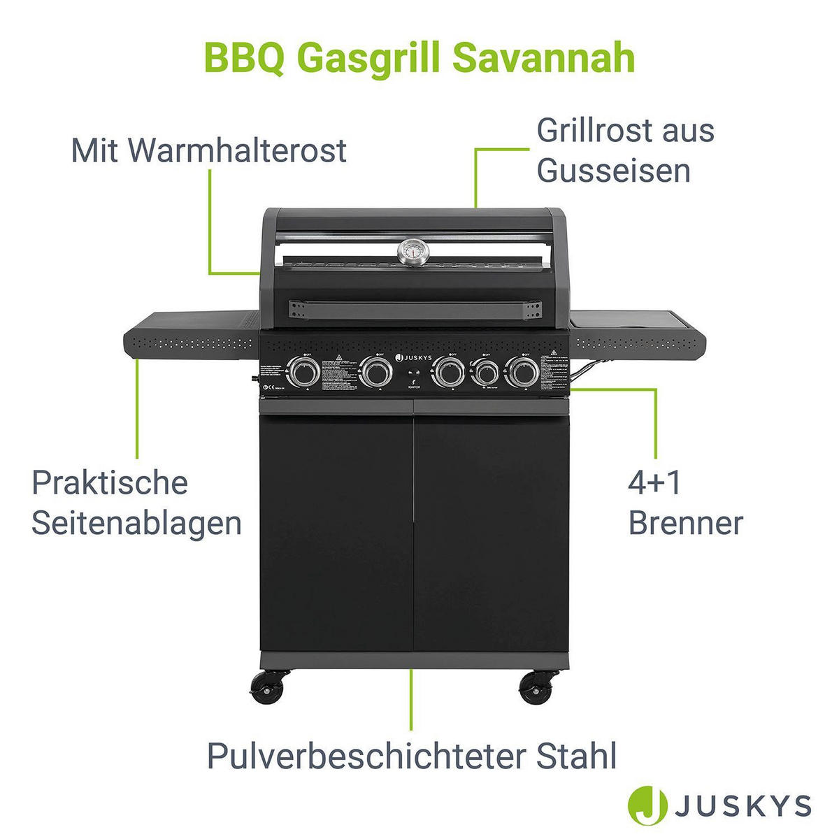 GASGRILL Savannah schwarz 4+1 - Schwarz, Metall (133/114/57cm) - Juskys
