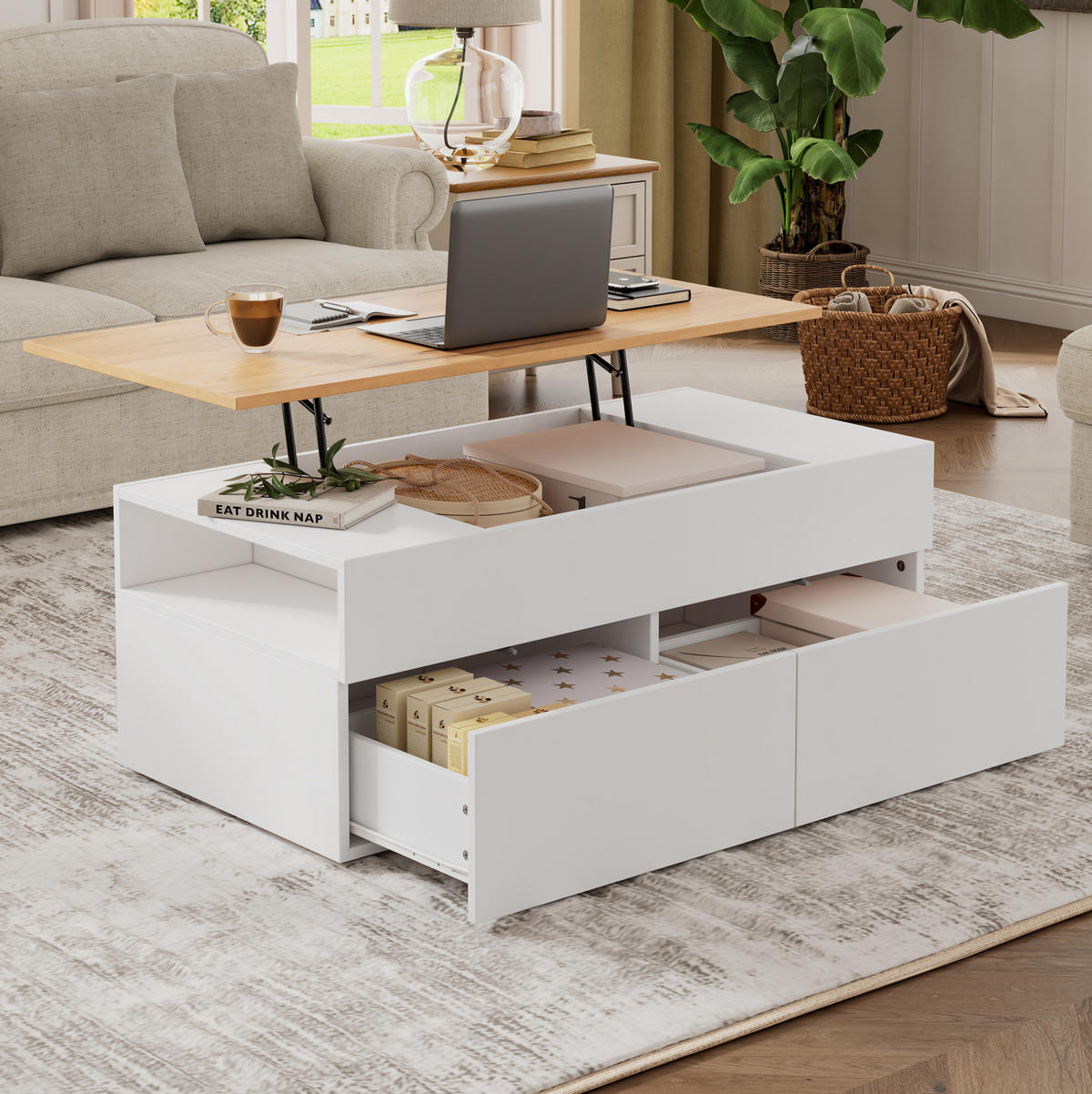 COUCHTISCH aus Spanplatte 100x50x40 cm in Weiß mit Hubtischplatte - Weiß, Holzwerkstoff (100/50/40cm) - Modfu