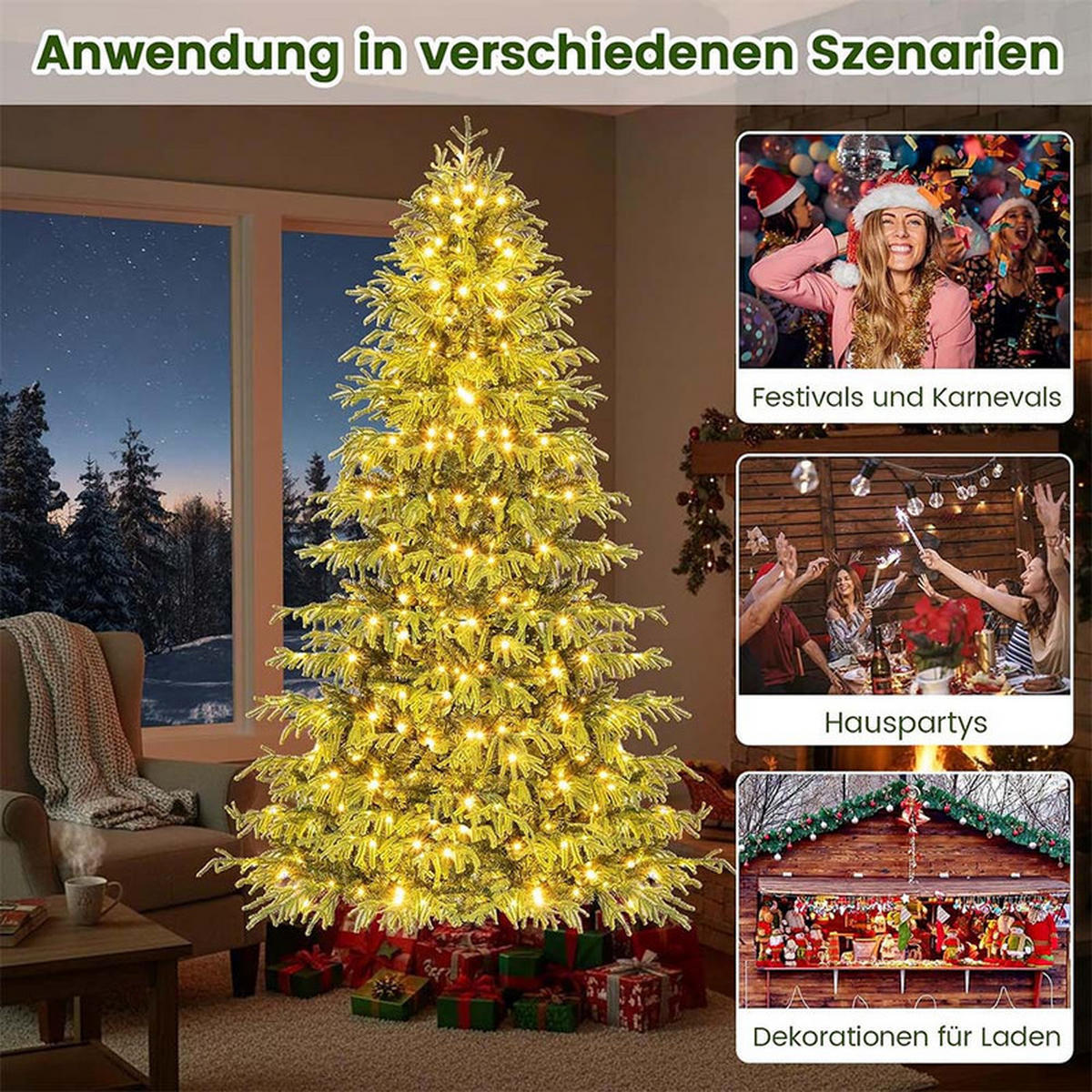 WEIHNACHTSBAUM mit 370 warmweißen LEDs 210cm Grün - Grün, Metall (210cm) - COSTWAY
