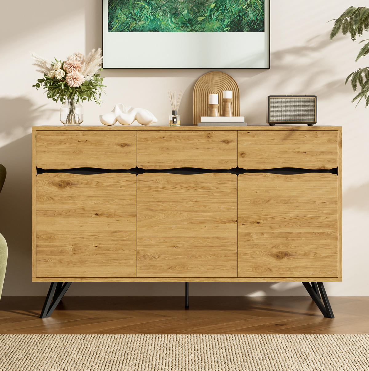 SIDEBOARD aus Spanplatte 140x40x75,5 cm Holzfarbe/Schwarz mit 3 Türen und Metallbeinen - Naturfarben, Holzwerkstoff (140/75.5/40cm) - IVMEU