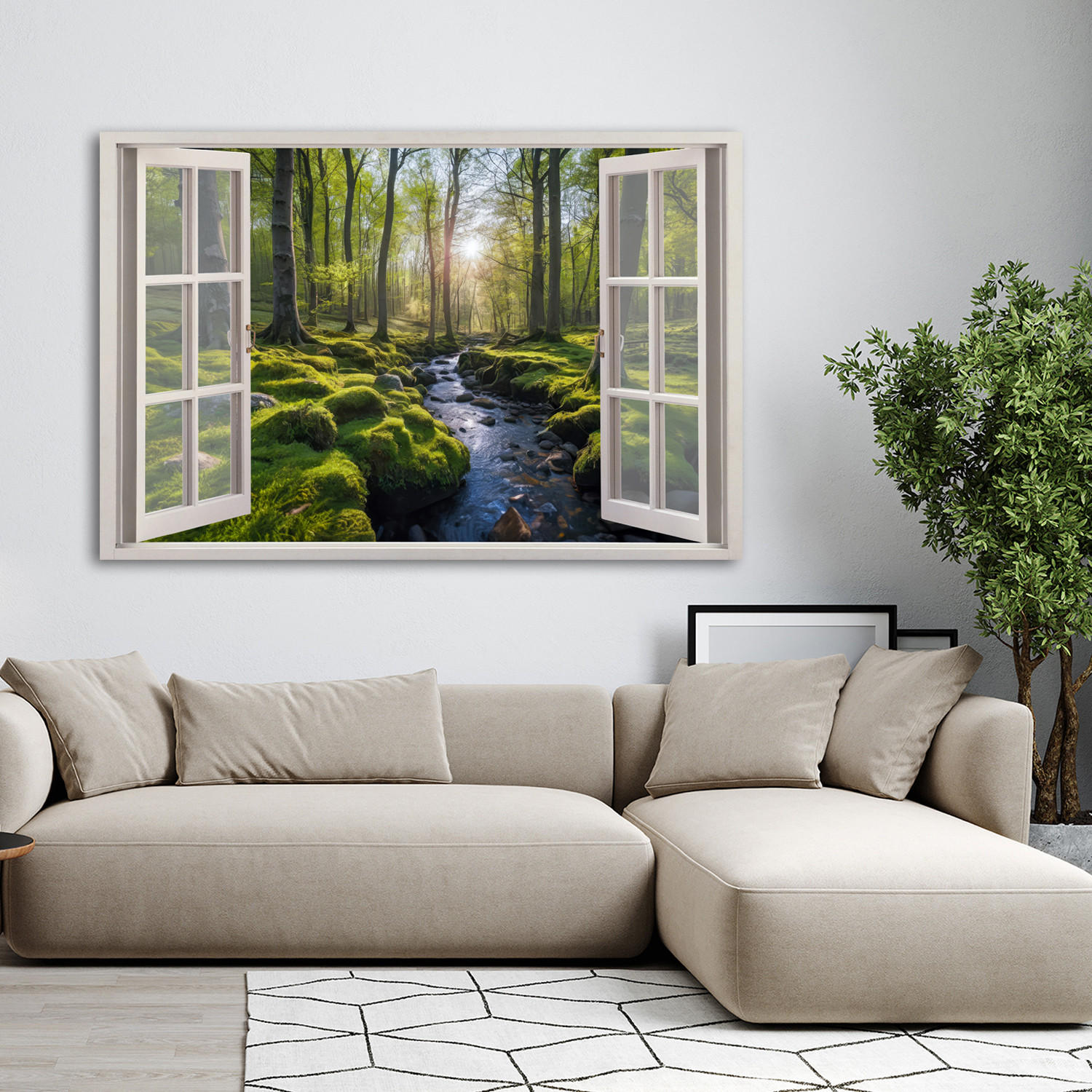 WANDBILD fensterblick wald natur bäume - Grün, Textil (60/40cm) - Feeby