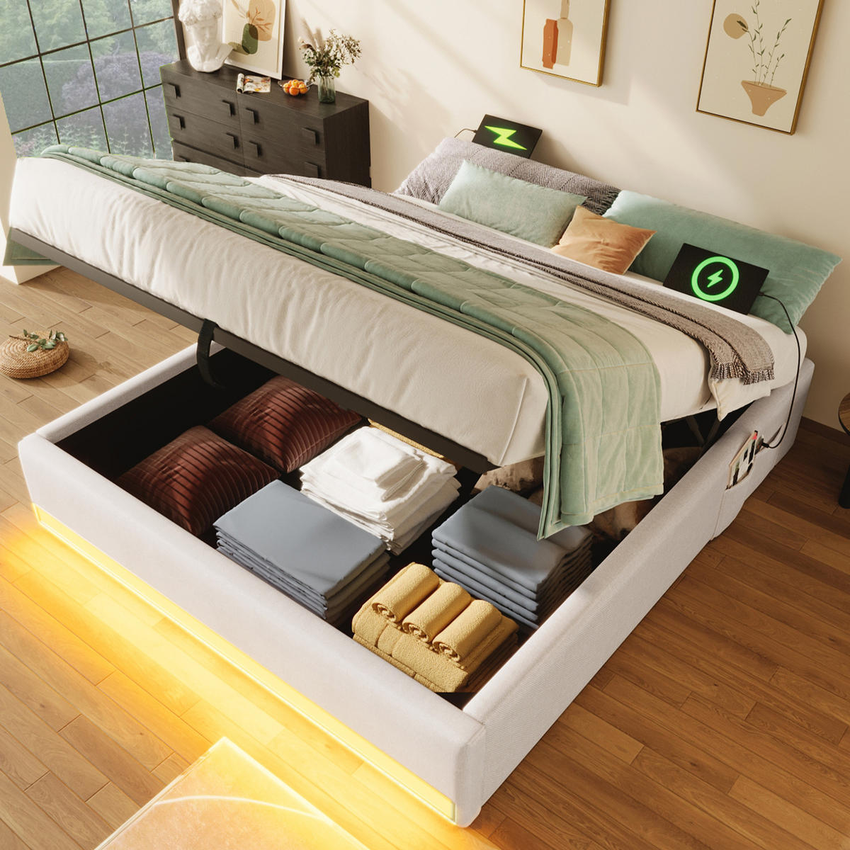 POLSTERBETT 140/200 cm Beige aus Leinen mit LED-Leiste und Bettkasten - Beige, Textil (140/200cm) - OKMYHOME
