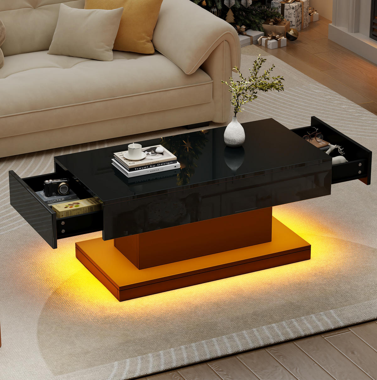 KONFERENČNÍ stolek 100/50/45 cm černý z dřevotřísky s LED osvětlením a 2 zásuvkami - černá, kompozitní dřevo (100/50/45cm) - OKWISH