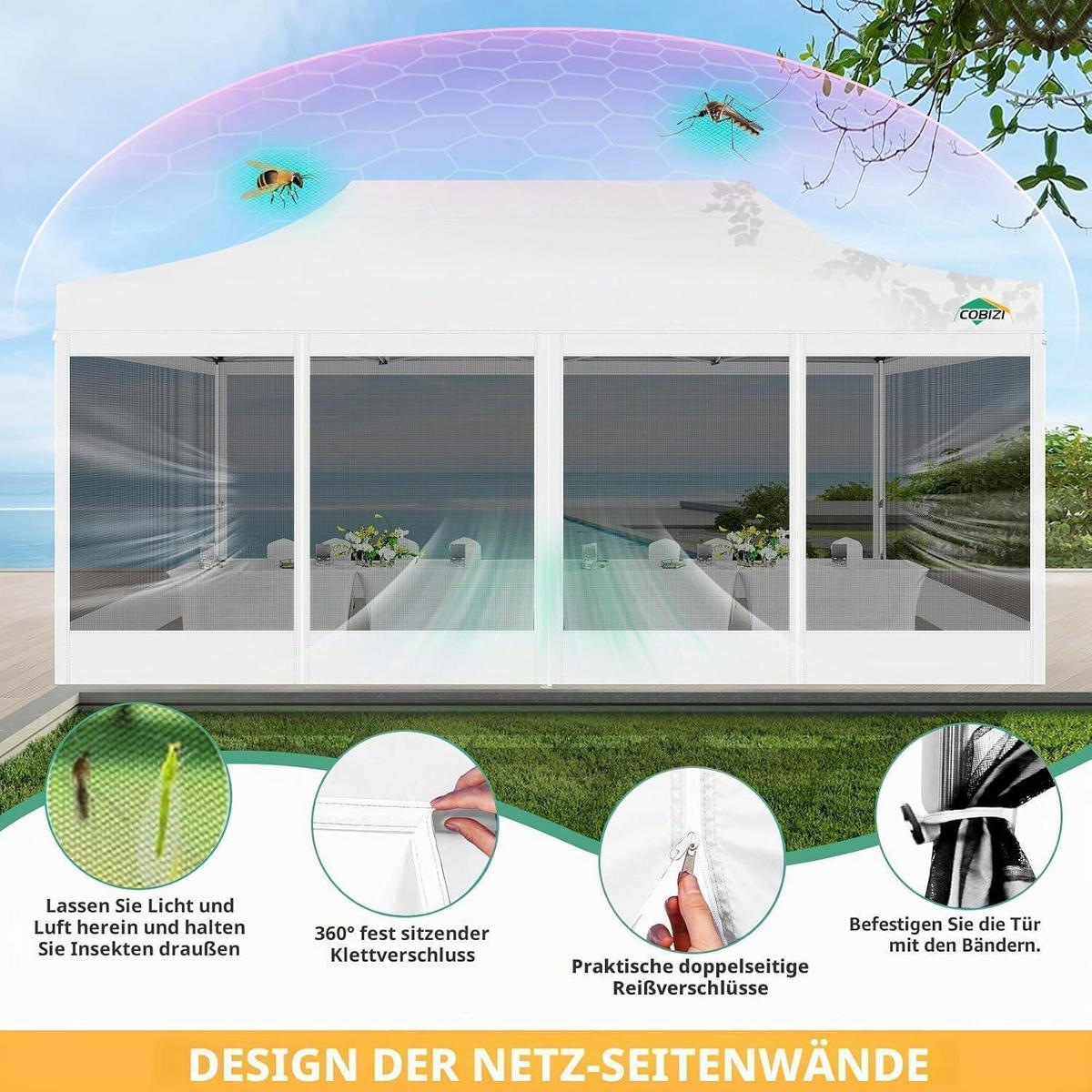 FALTPAVILLON 3x6m Wasserdicht mit 6 Mesh-Seitenwänden Weiß - Weiß, Textil (300/335/600cm)