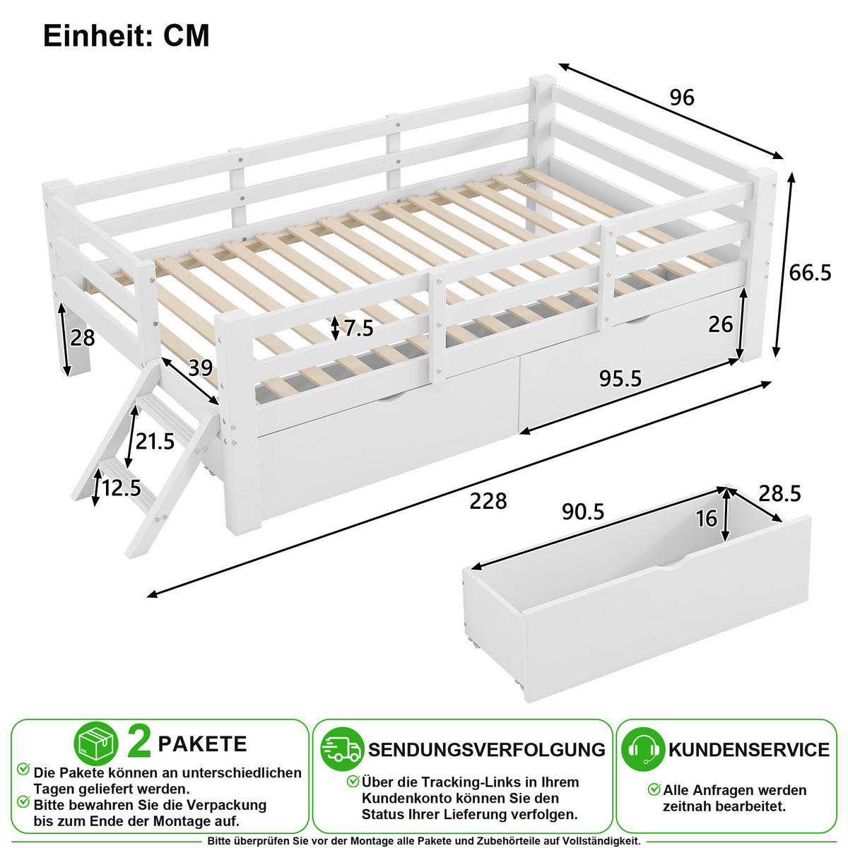 KINDERBETT 90/200 cm in Weiß mit 2 Schubladen und Schutzgitter - Weiß, Holz/Holzwerkstoff (90/200cm) - CHICFURN