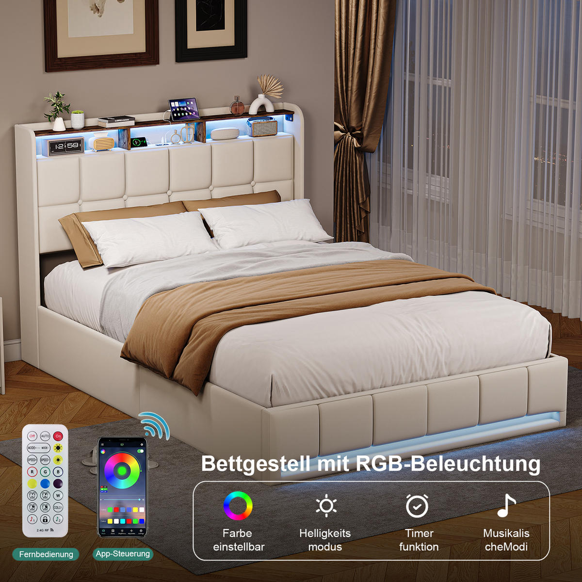 POLSTERBETT 140x200 cm Beige mit LED Beleuchtung, Kopfteil mit Stauraum und USB/Type-C, hydraulisches Stauraumbett - Beige, Metall (140/200cm) - EuroLiving