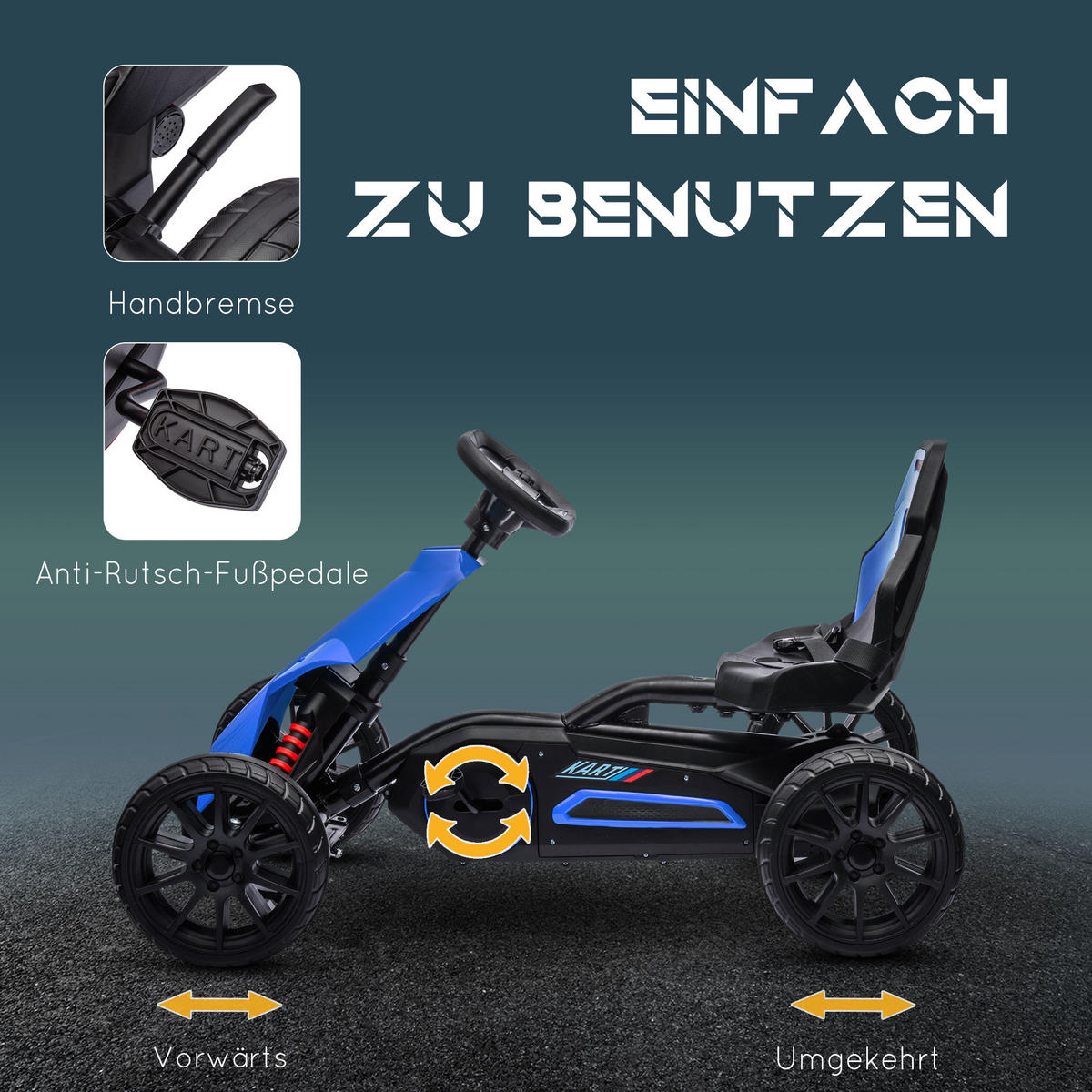 KINDER GO KART TRETAUTO, Blau/Rot, Metall+ Kunststoff - Blau, Metall (100/58/58.5cm) - HOMCOM