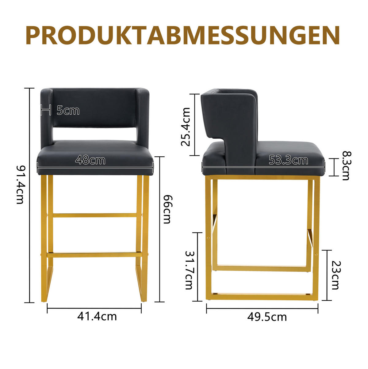 BARSTUHL 2er-Set 91,4 cm PU-Leder Black+Gold - Goldfarben, Metall (53.3/91.4/48.1cm) - Meubliv